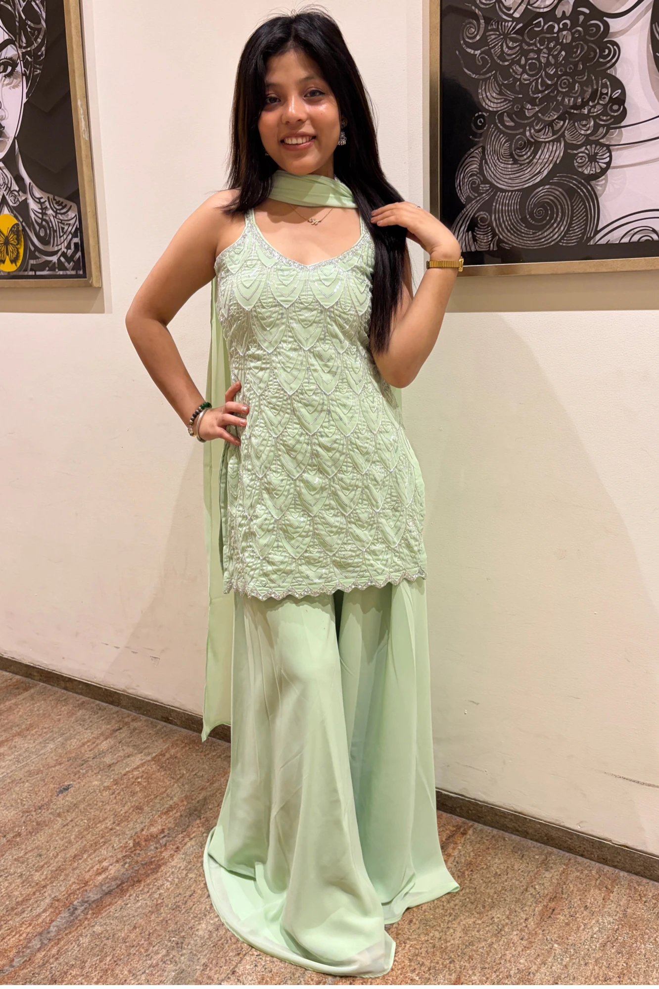 Elegant Partywear Mint Green Embroidered Kurta Set (46)
