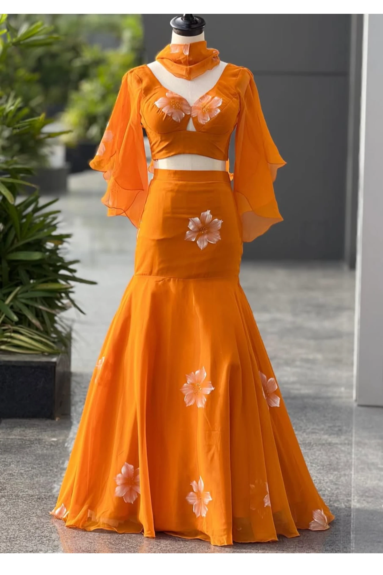 Bright Orange Floral Mermaid Skirt Set with Flared Sleeves