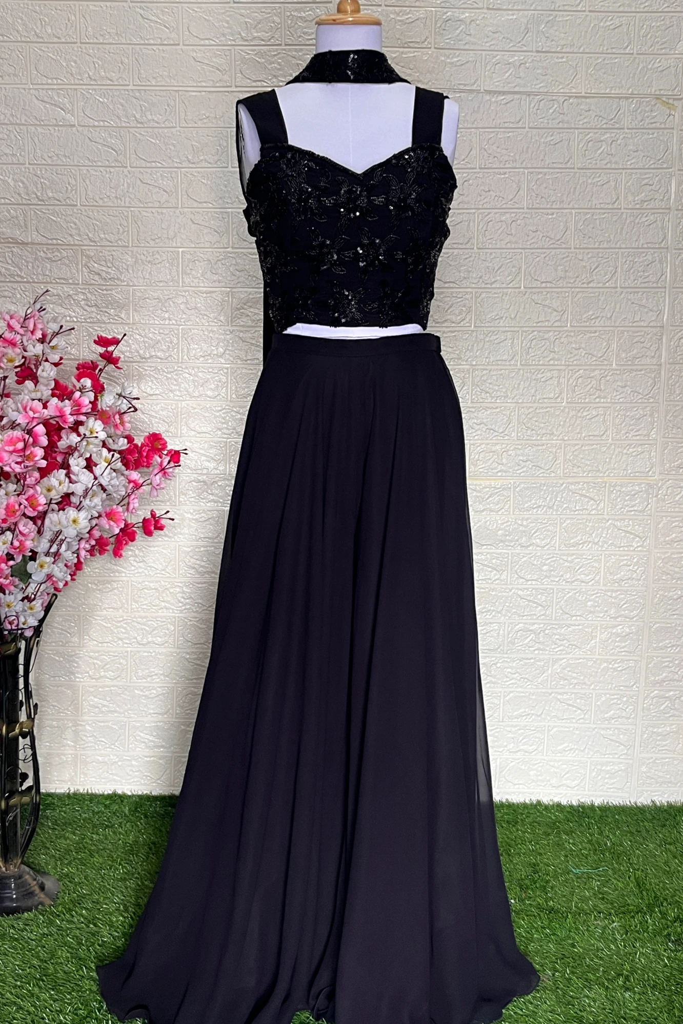 Black Handwork Blouse with Flaired Plazzo and Dupatta (S)