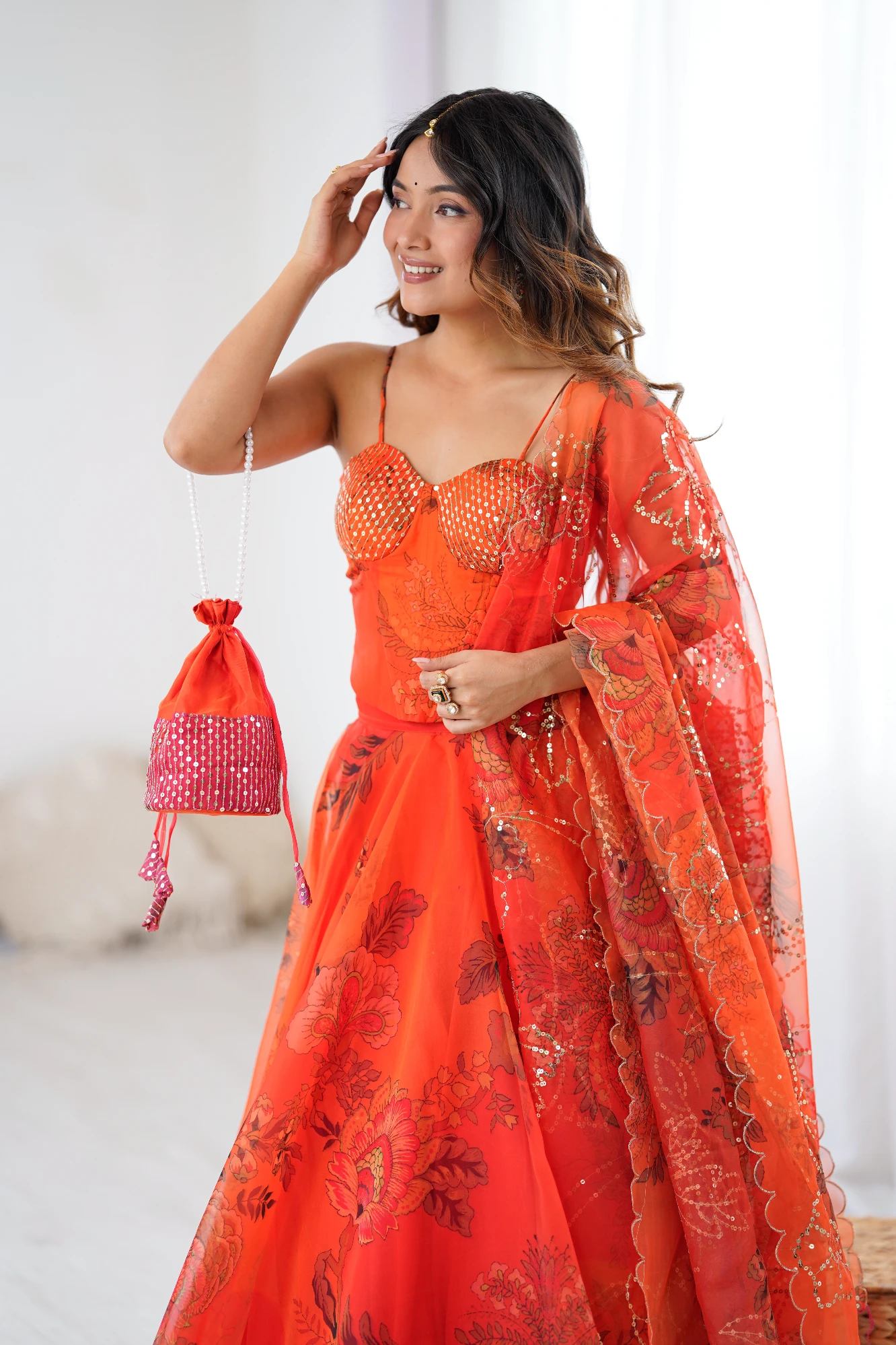 Orange Digital Print Organza Lehanga with corset Blouse (Free Size)