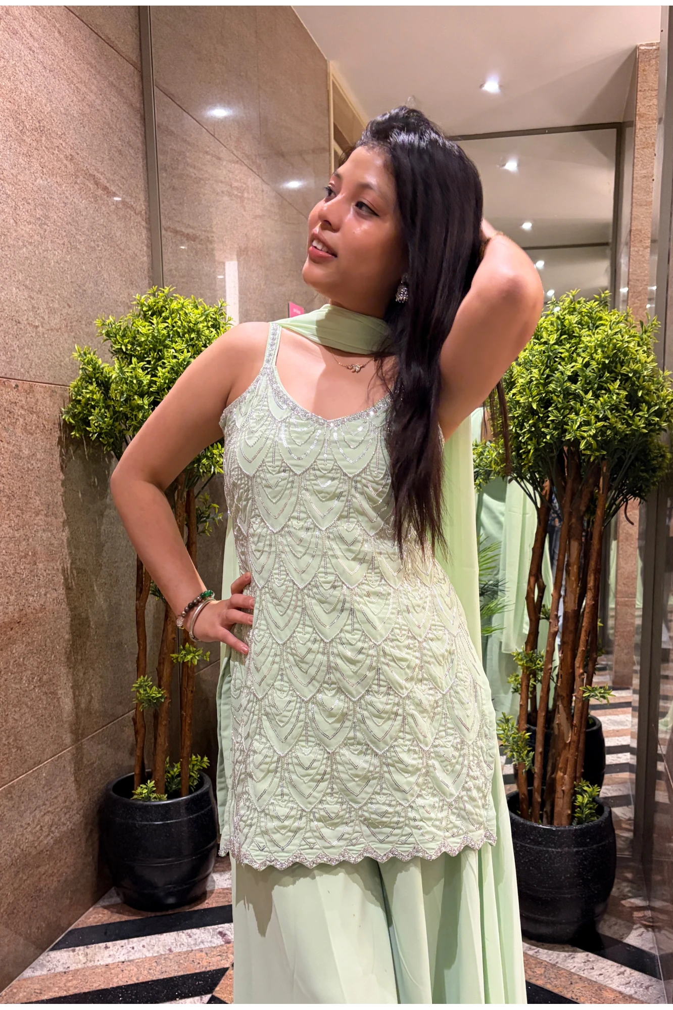 Elegant Partywear Mint Green Beaded Kurta Set