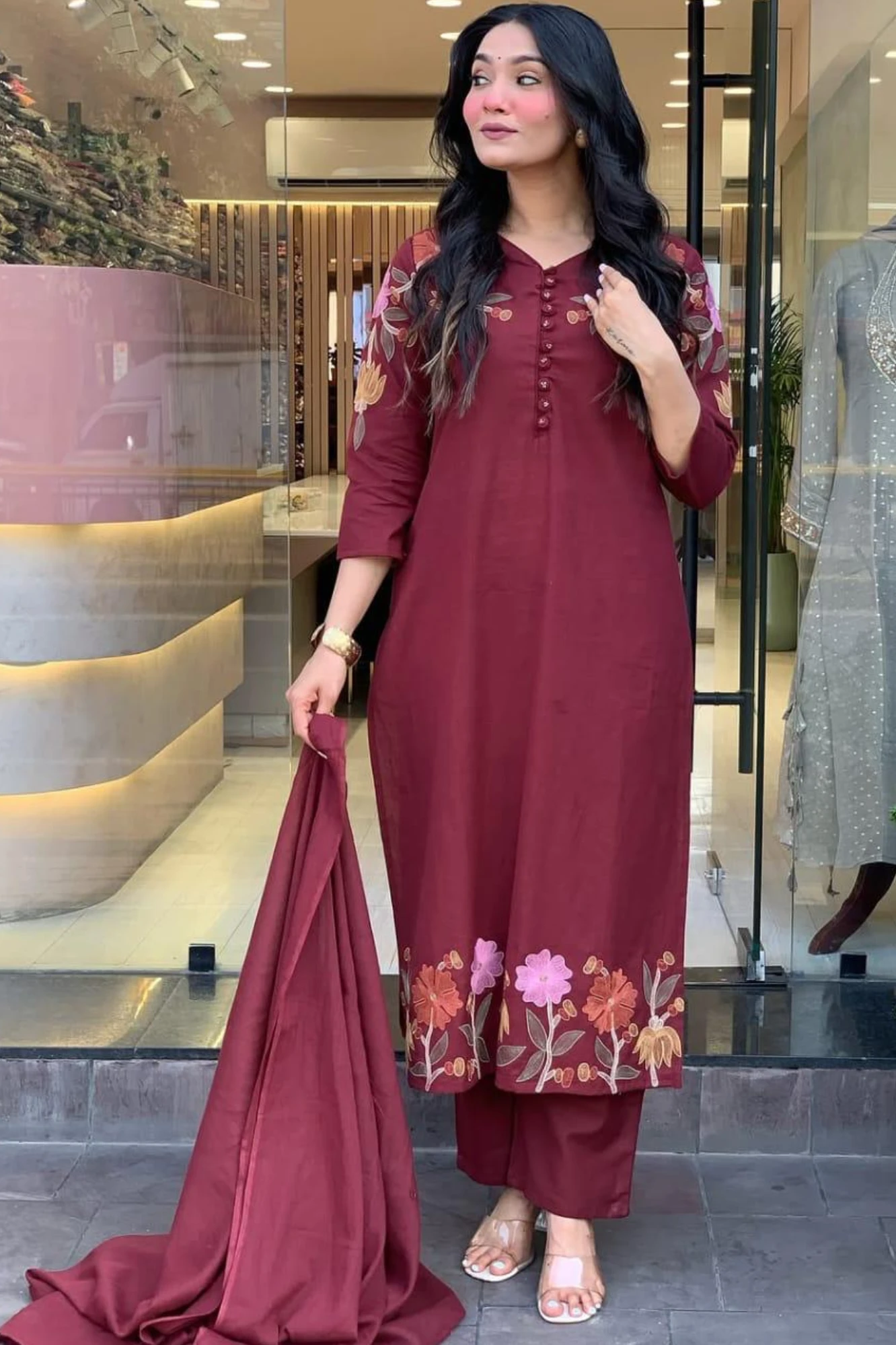 Maroon Floral Embroidered Kurta Salwar Dupatta Set (44)