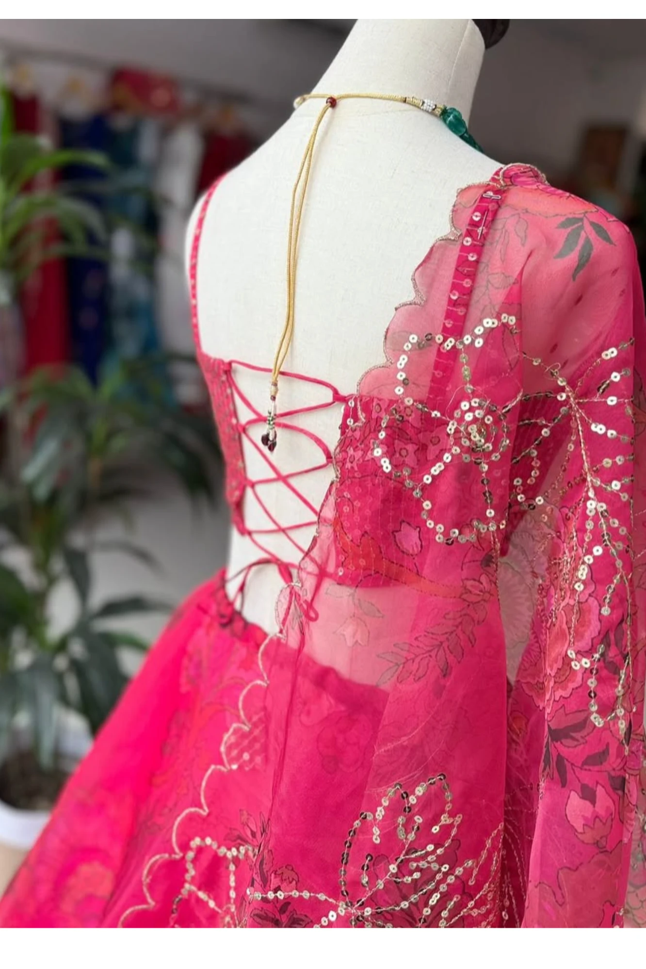 Rani Pink Embroidered Organza Lehenga with Beaded Corset Blouse