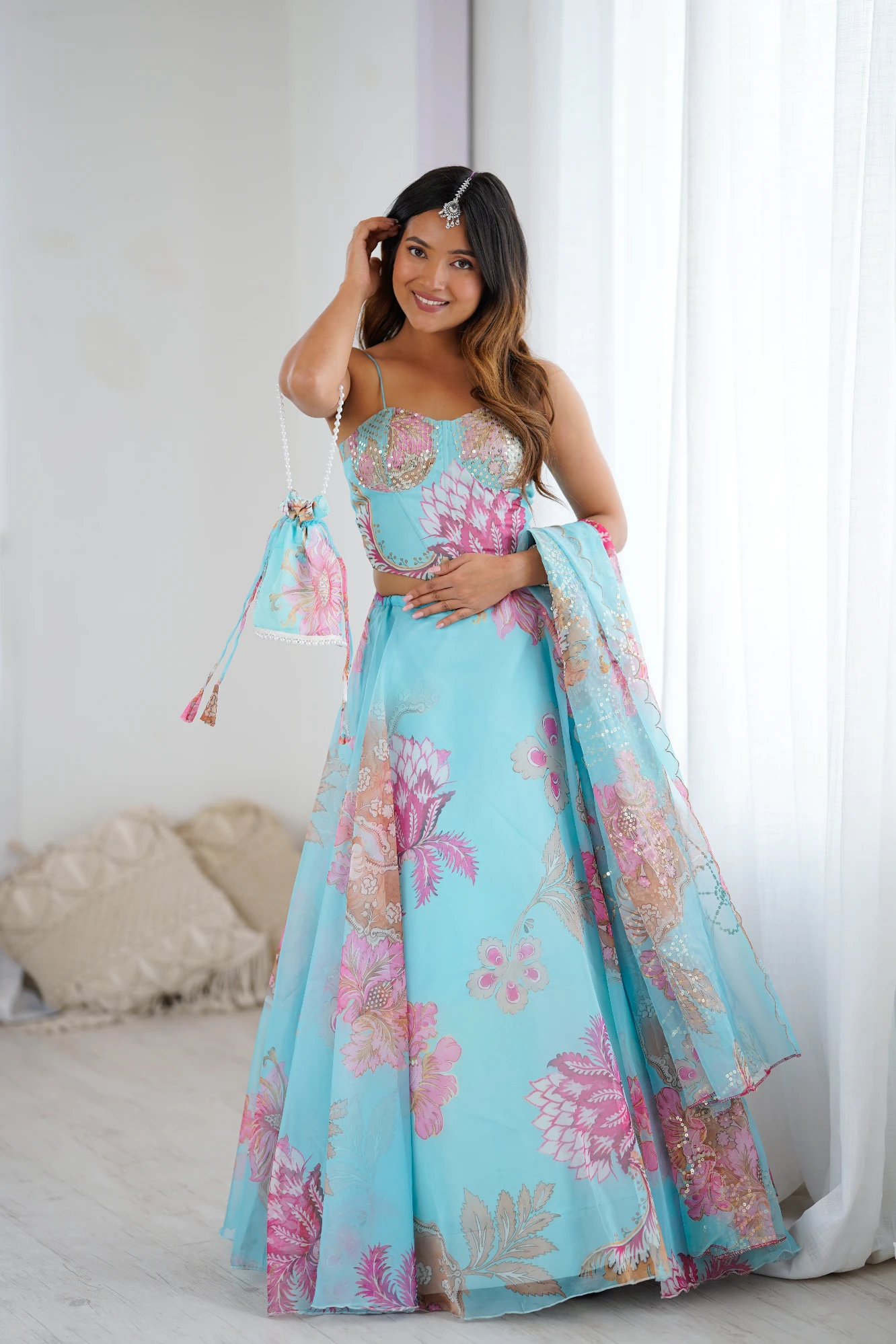 Blue Digital Print Organza Lehanga with corset Blouse (Free Size)