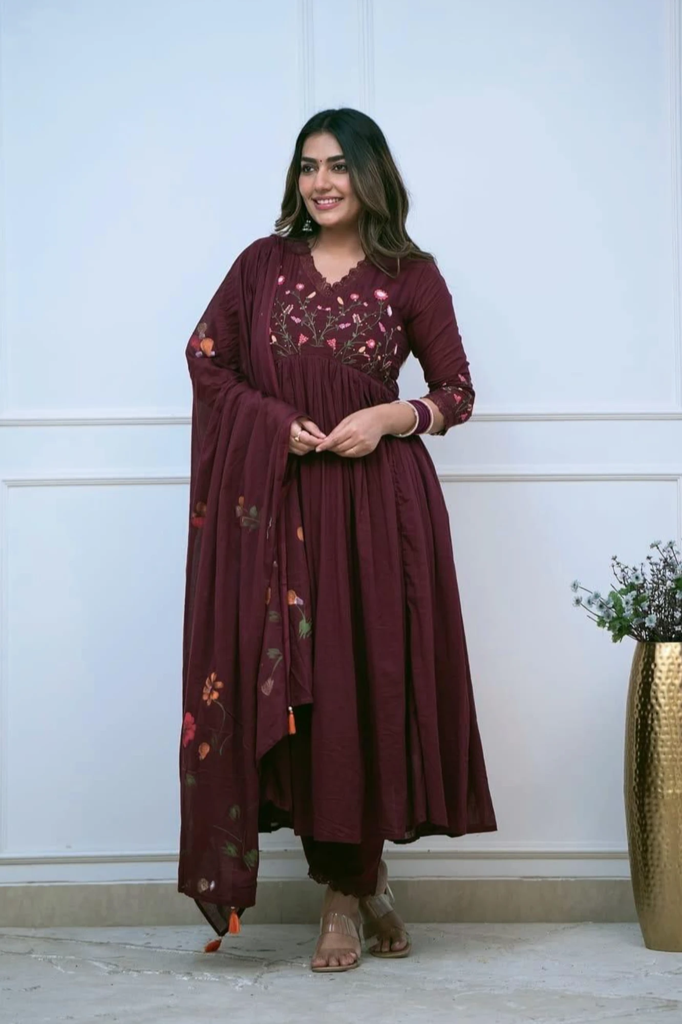 Embroidered Maroon Anarkali Kurta with Dupatta