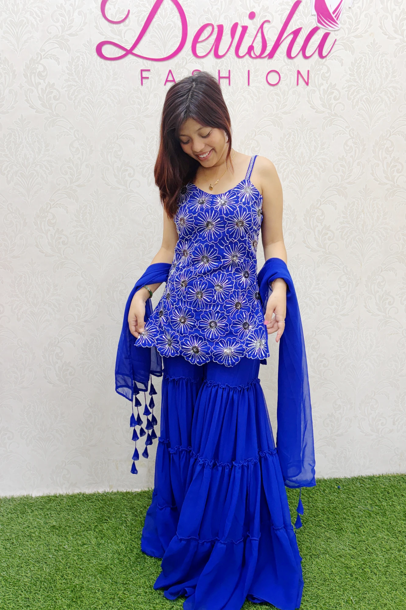 Royal Blue Floral Embroidered Sharara Set (XXL)
