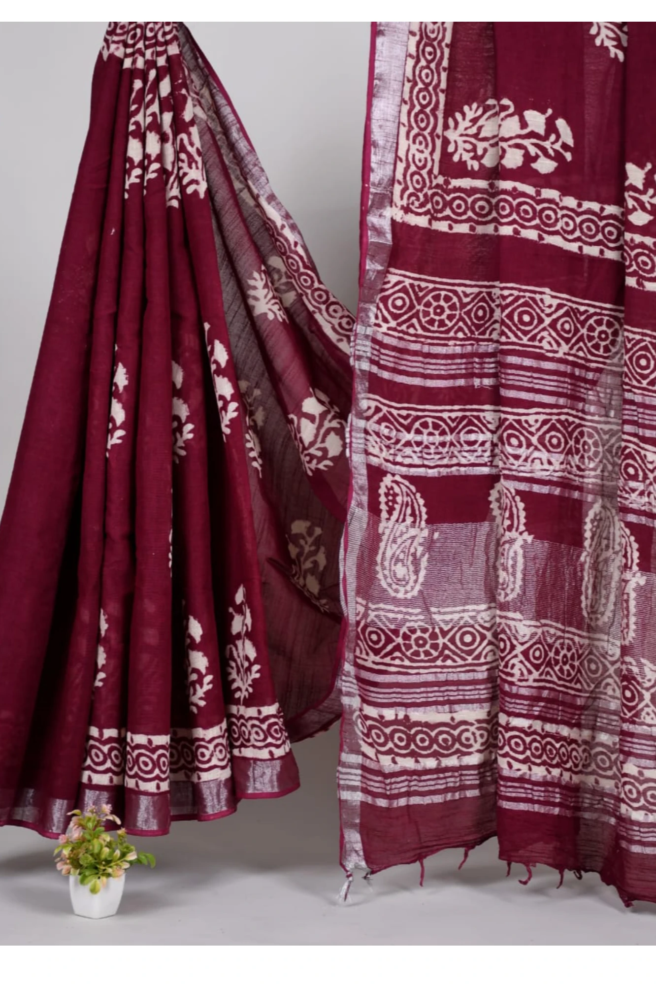 Plum Hand Block Print Linen Saree