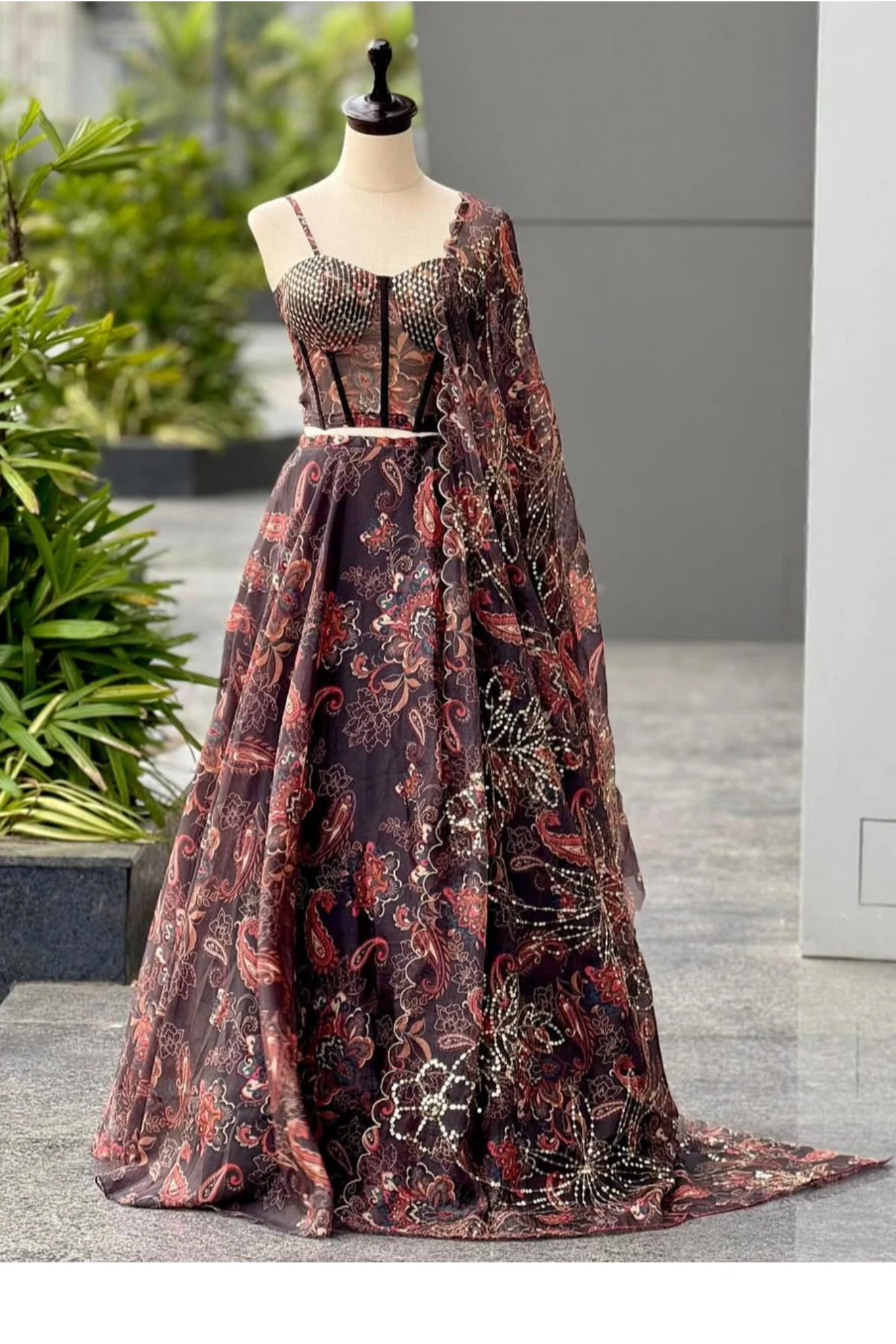 Wine Multi Paisley Organza Lehenga with Beaded Corset Blouse