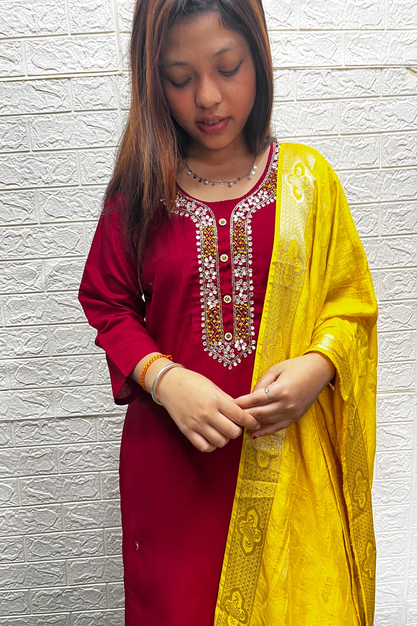 Maroon Embroidered Kurta Set with Yellow Dupatta (XXL)