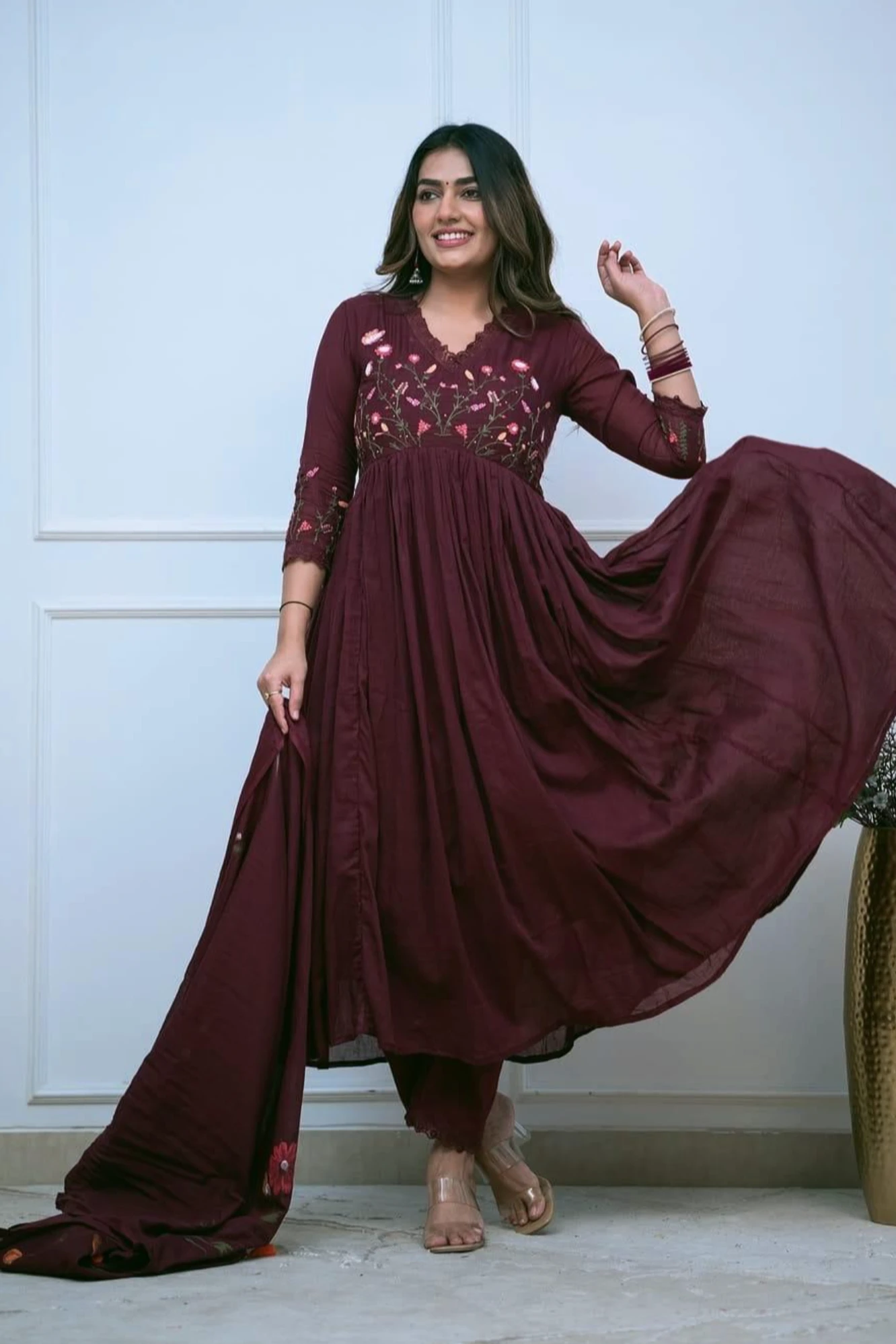 Embroidered Maroon Anarkali Kurta with Dupatta