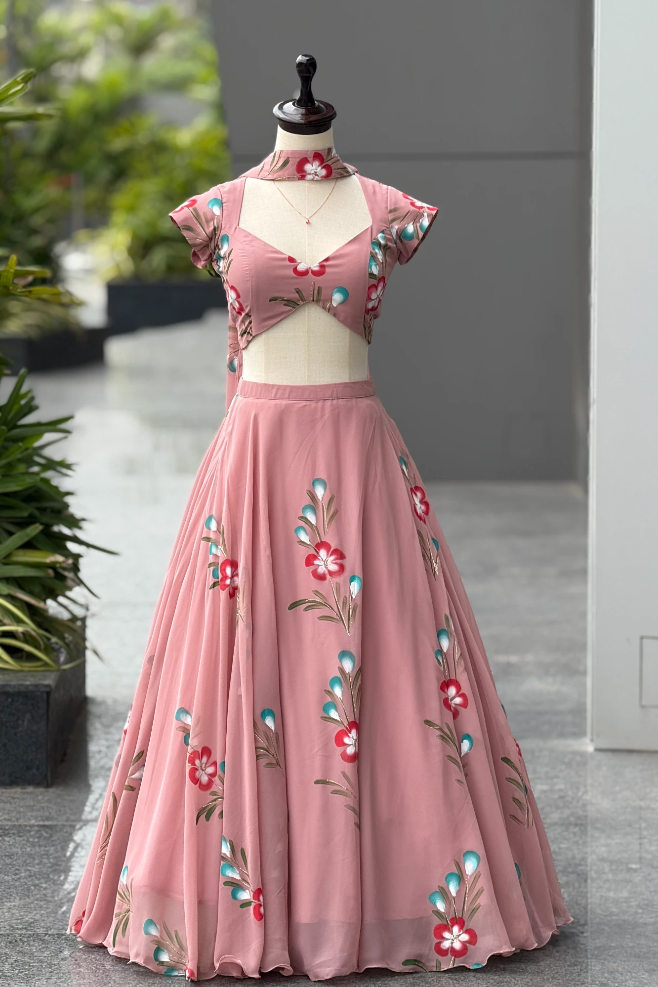 Dusty Rose pink Hand Painted Lehanga with Dupatta