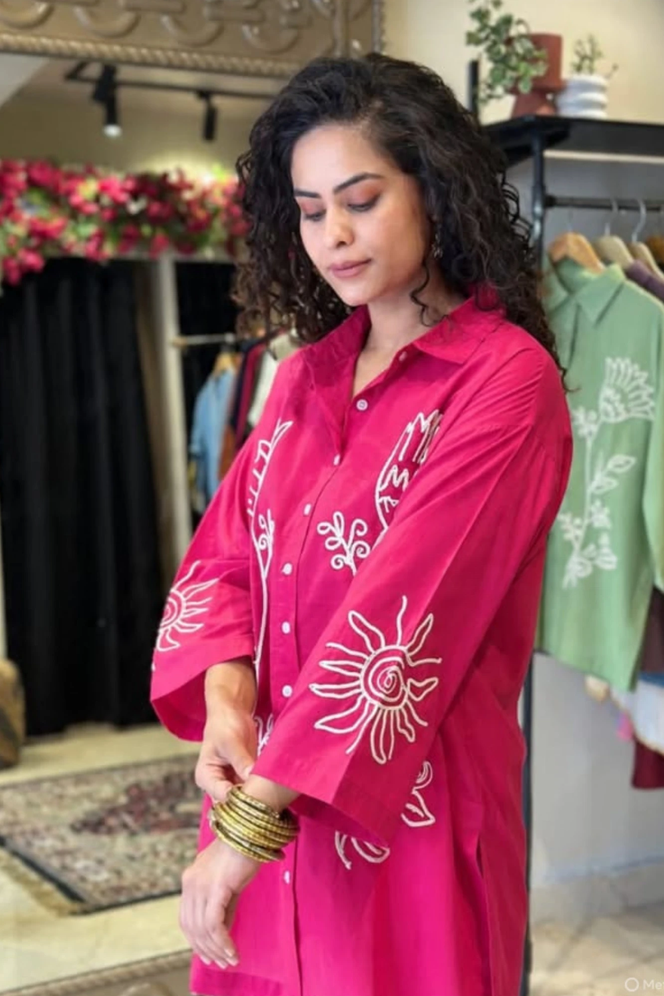 Floral Embroidered Pink Cotton Shirt Kurta (42)