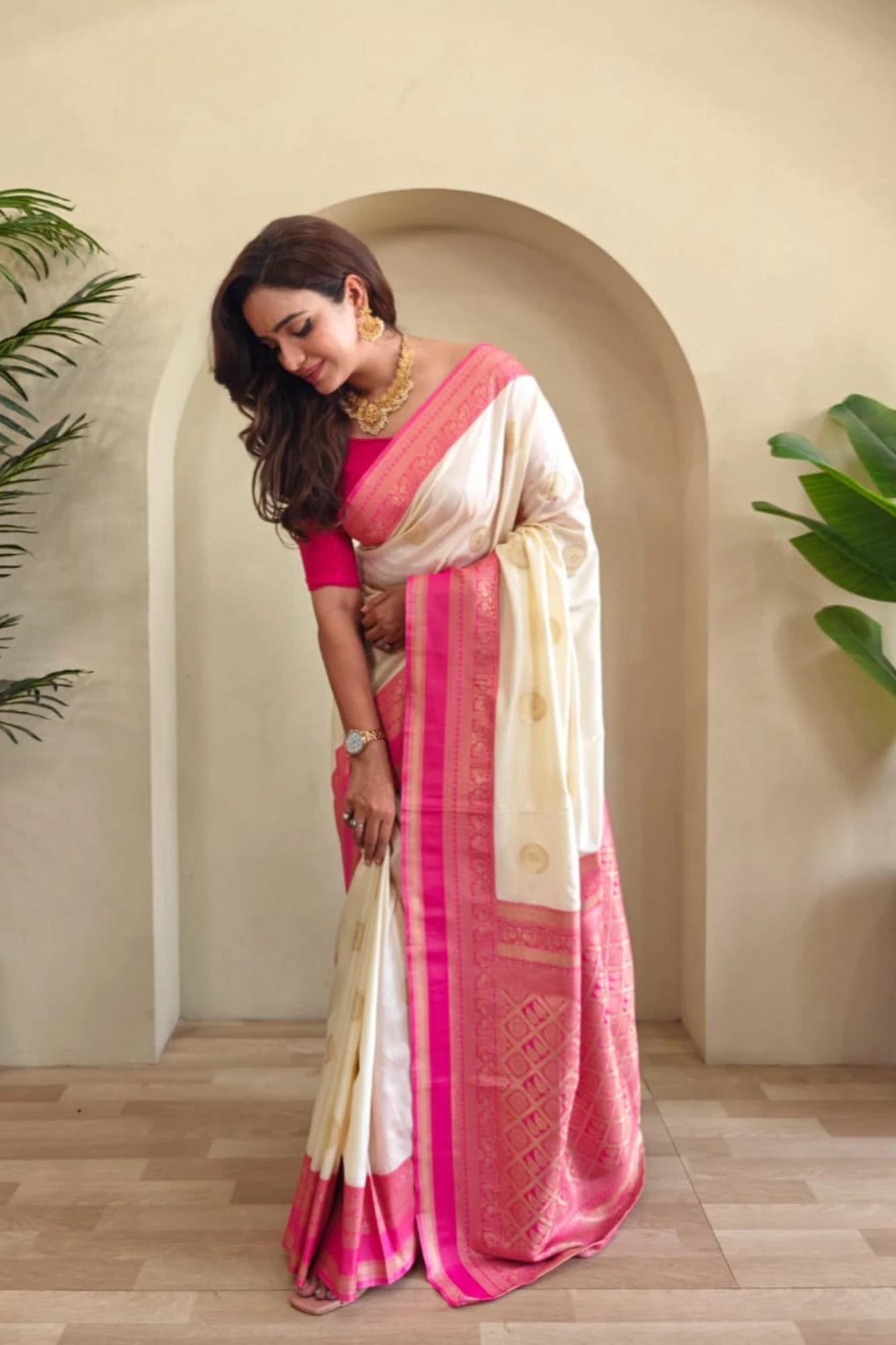 Ivory Pink Kanjivaram Silk Ready to wear Saree with Traditional Zari Borders