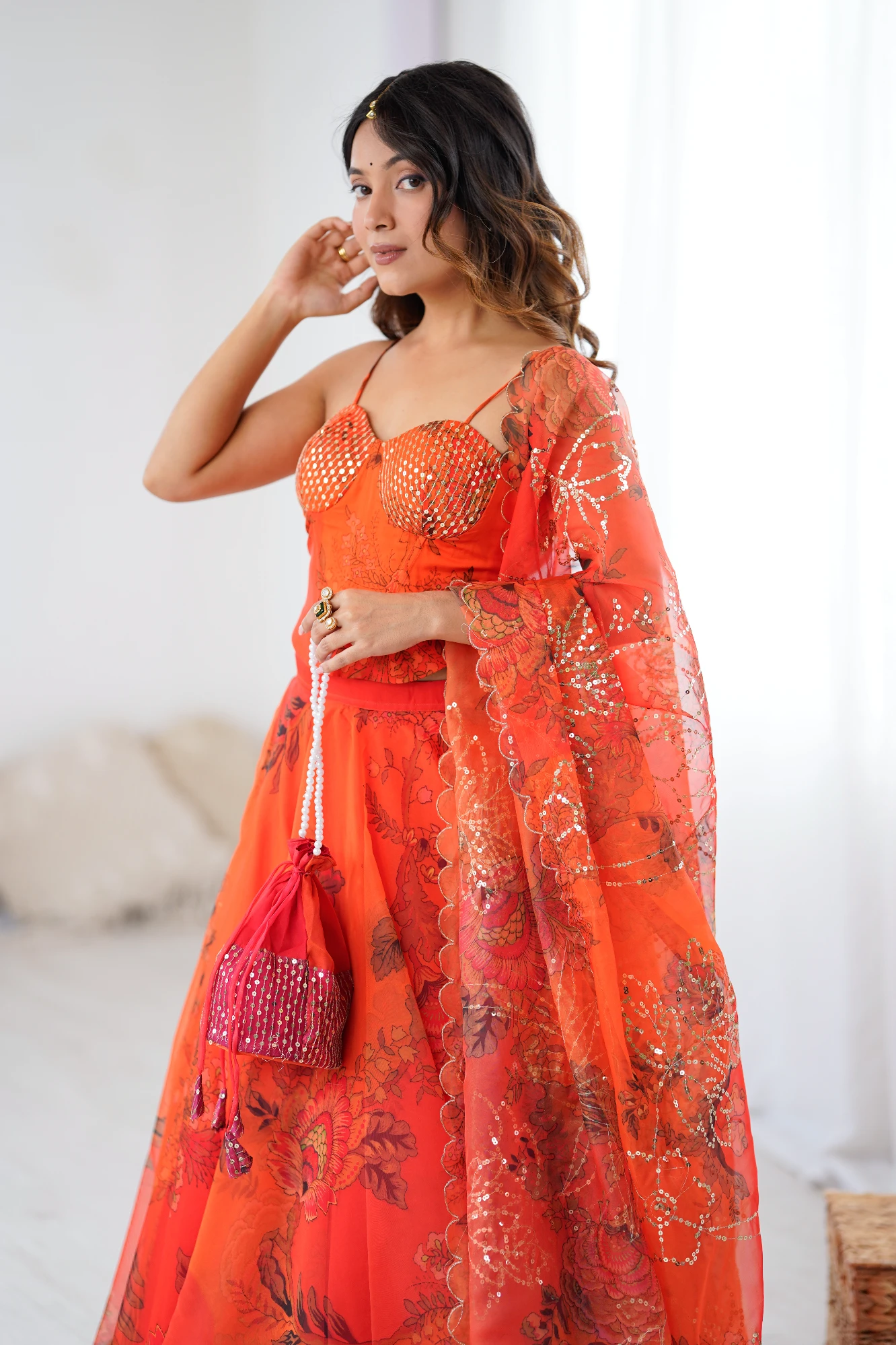 Orange Digital Print Organza Lehanga with corset Blouse (Free Size)