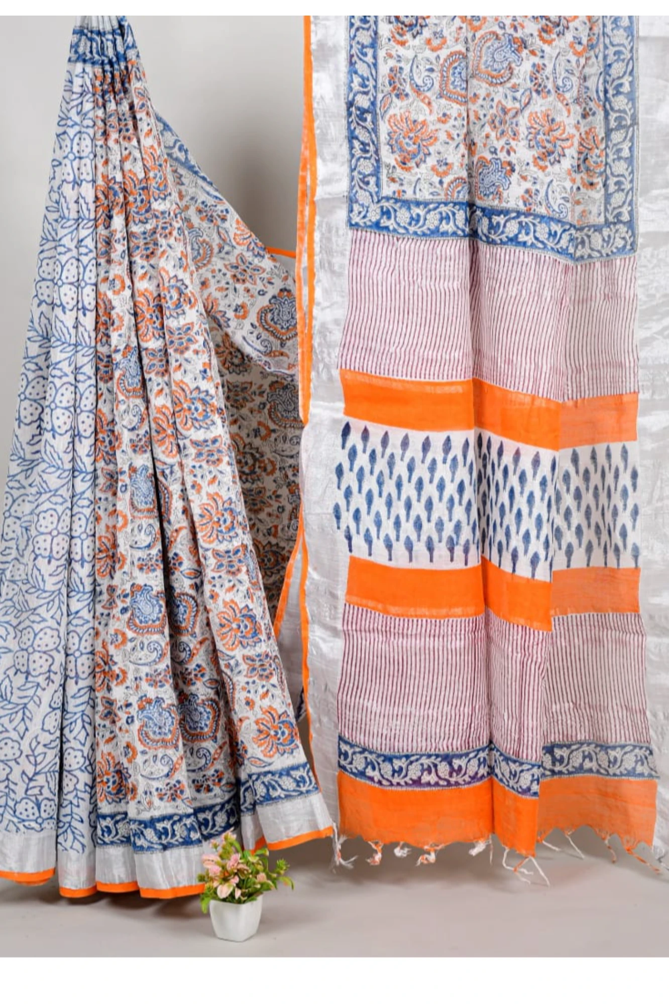 Soft White & Blue Floral Hand Block Linen Saree