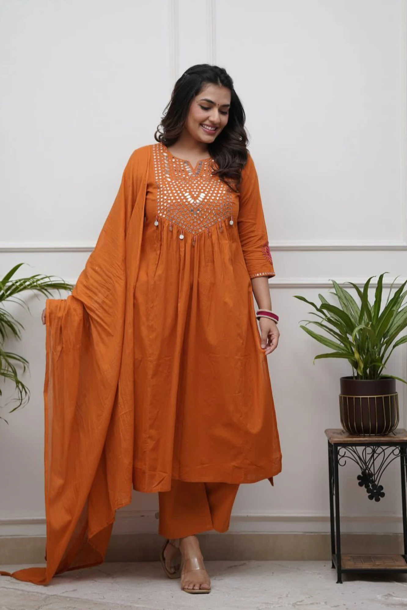 Mirror Work Rust Orange Anarkali Kurta Set with Dupatta (46)
