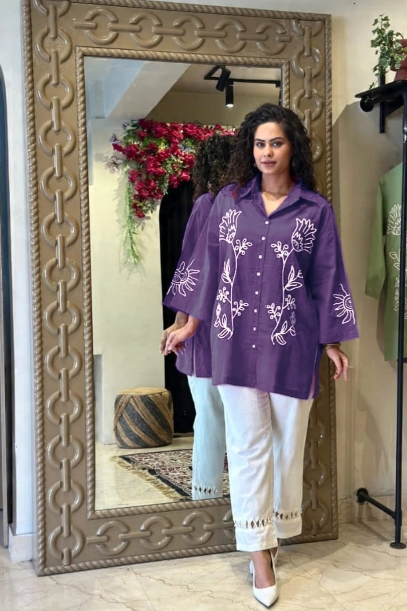 Floral Embroidered Purple Kurta Palazzo Set