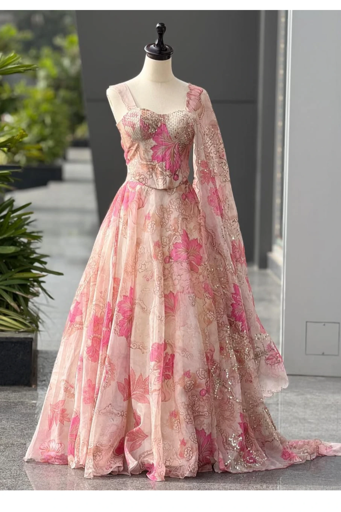 Blush Pink Floral Organza Lehenga with Sequin Embroidered Blouse