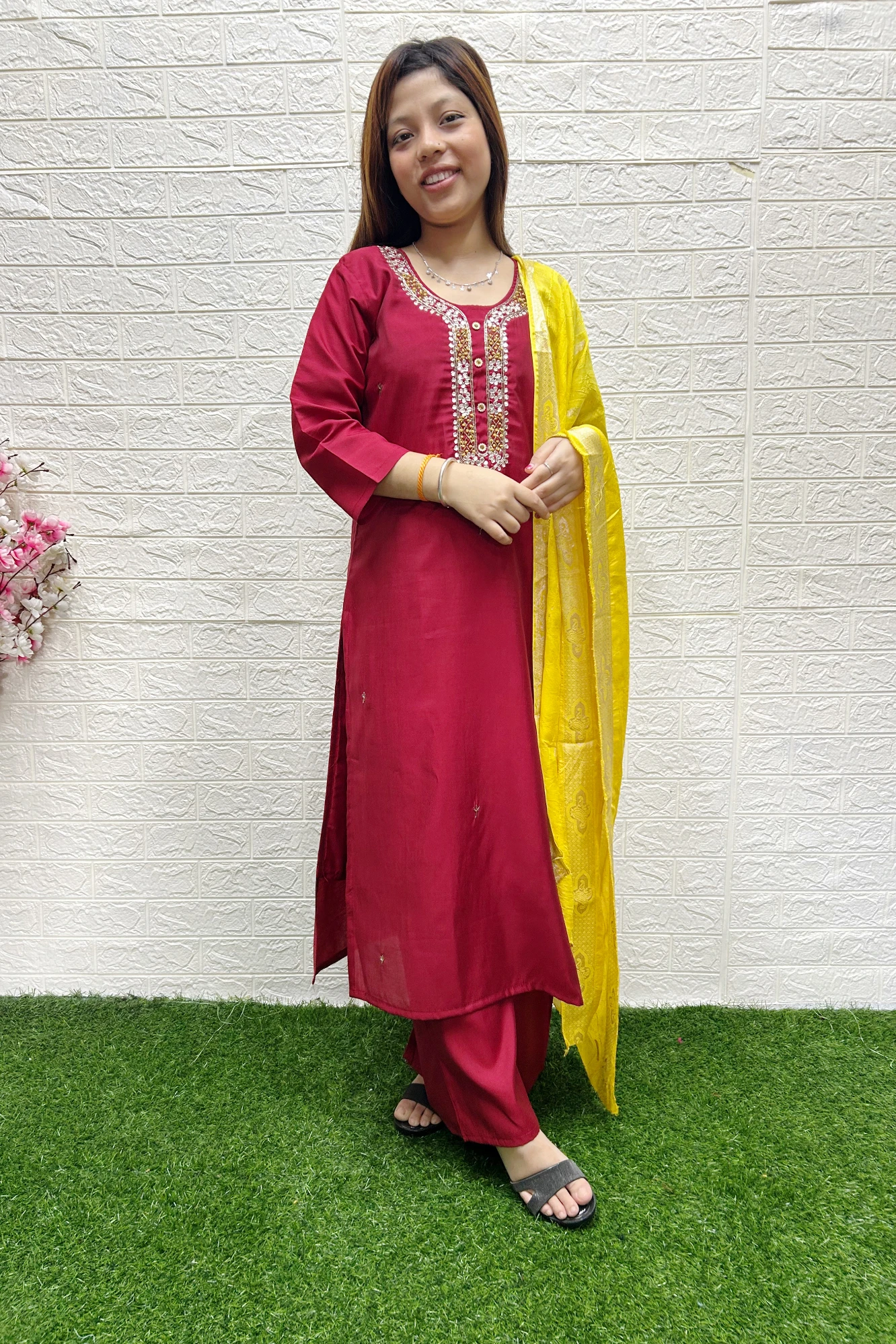 Maroon Embroidered Kurta Set with Yellow Dupatta (XXL)