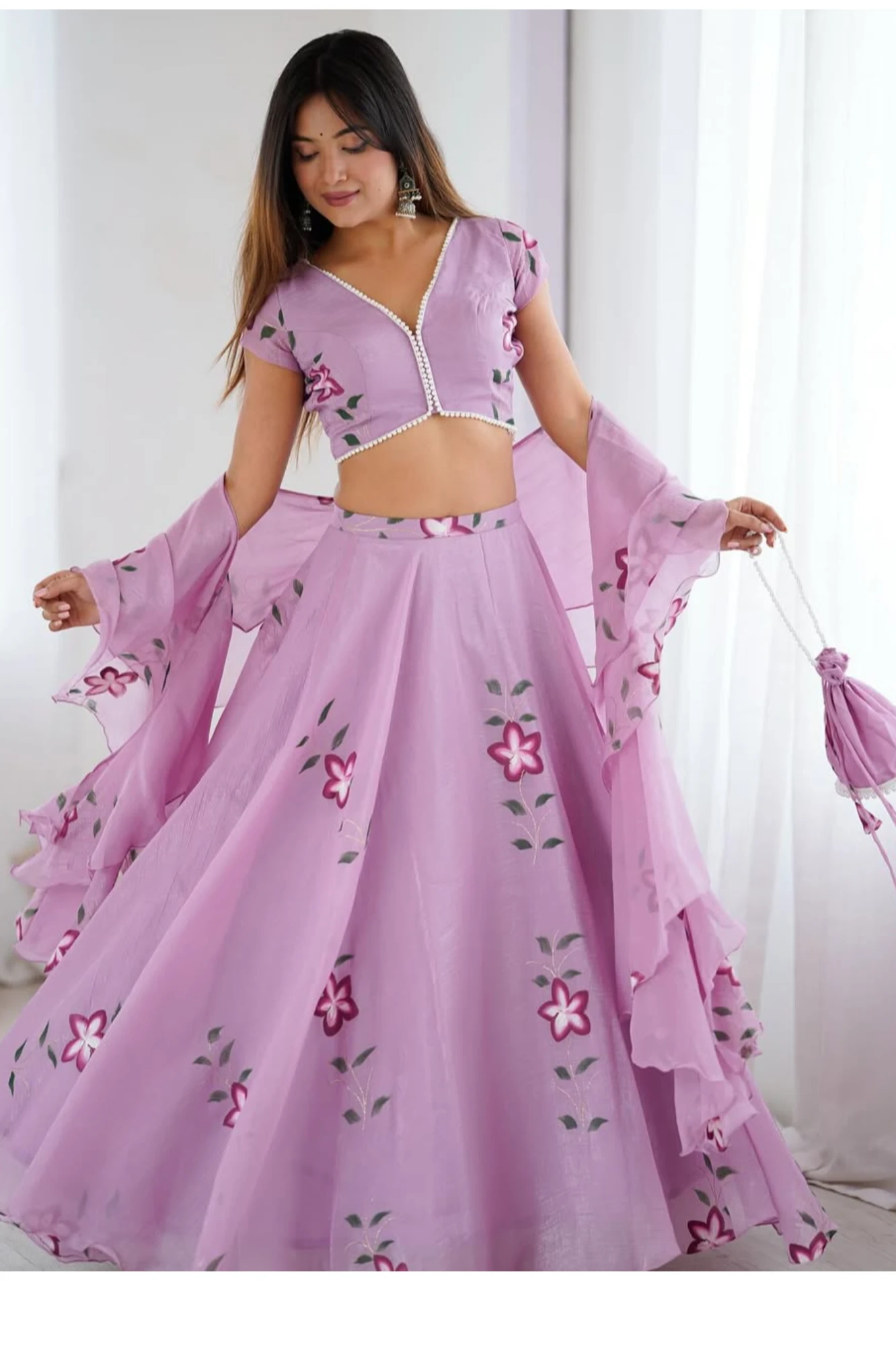 Lilac Floral Organza Lehenga with Ruffle Sleeves and Potli Bag
