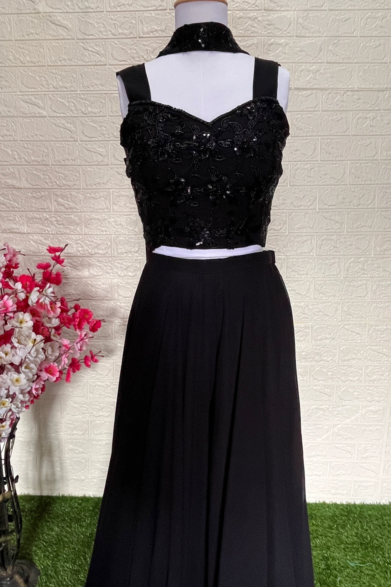 Black Handwork Blouse with Flaired Plazzo and Dupatta (S)