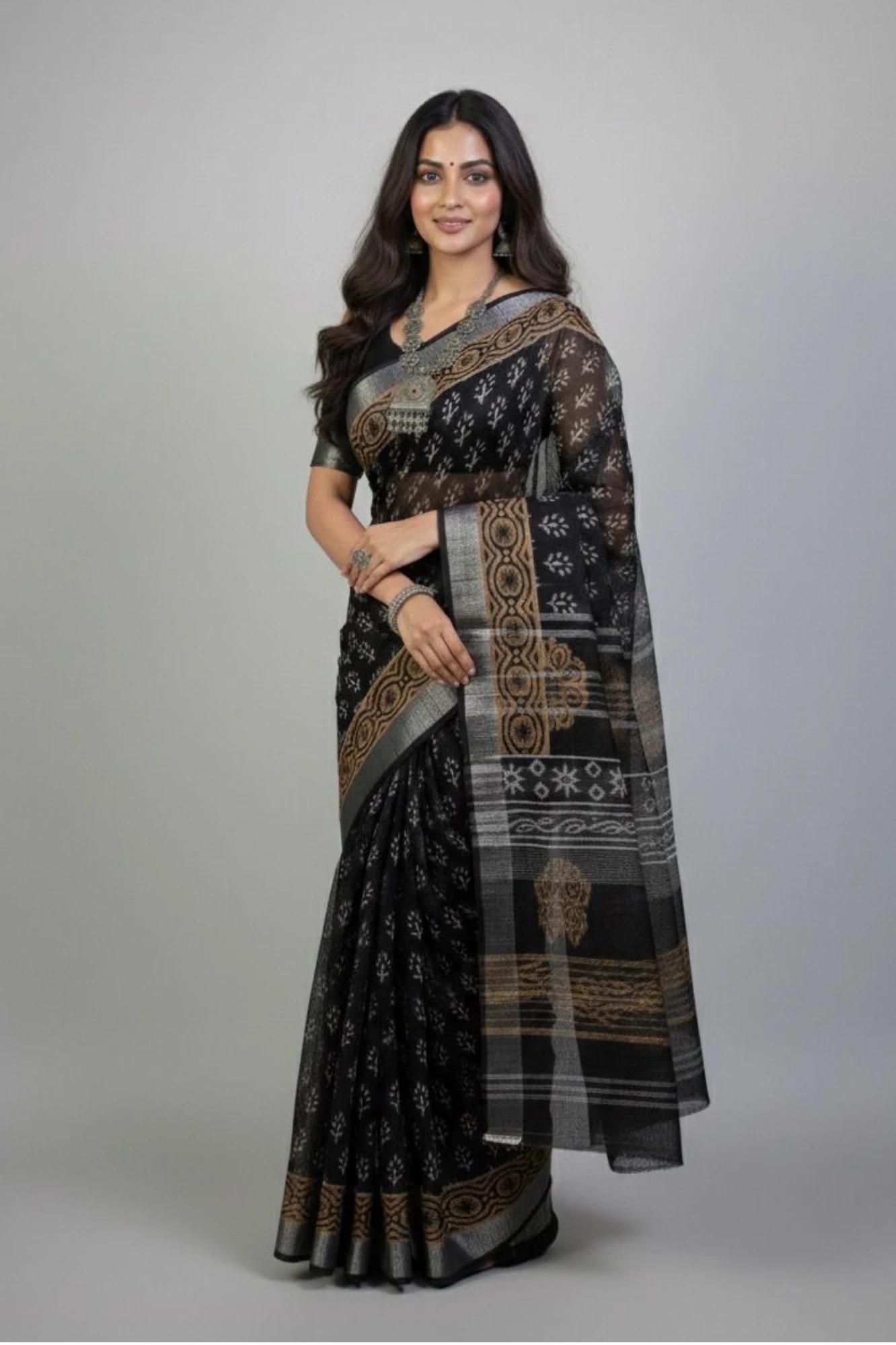Exquisite Hand-Printed Linen saree with Opulent Zari Border