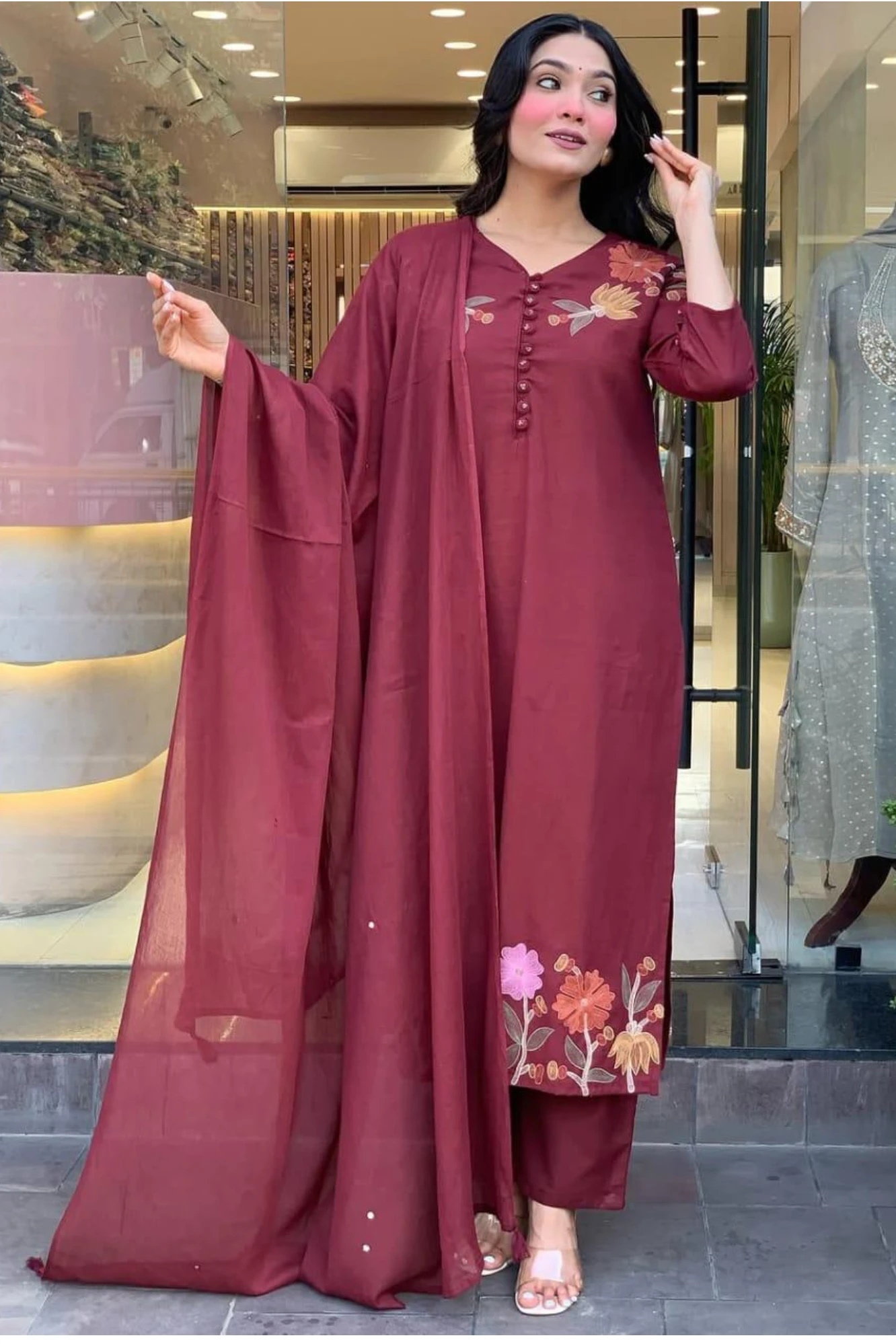 Maroon Floral Embroidered Kurta Salwar Dupatta Set