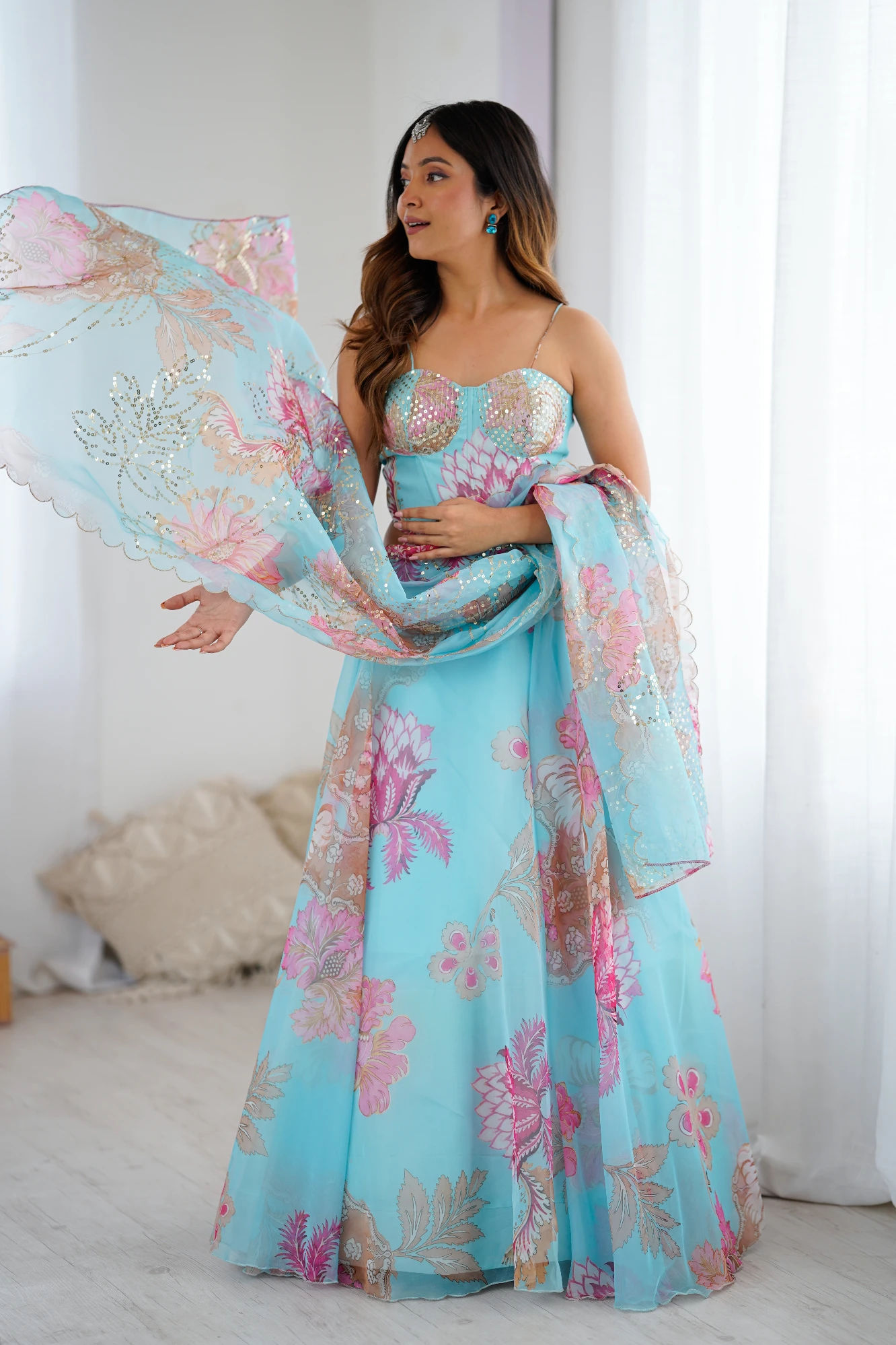 Blue Digital Print Organza Lehanga with corset Blouse (Free Size)