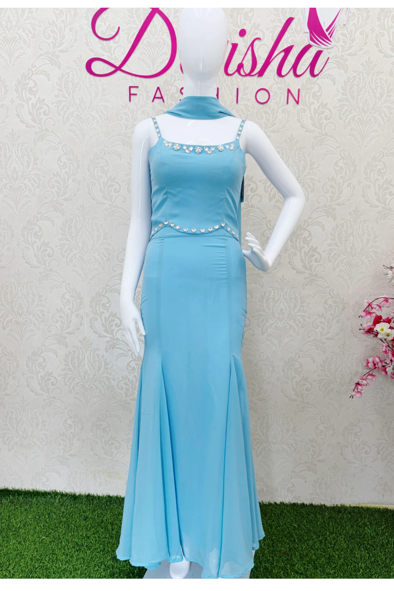 Sky Blue Beaded Spaghetti Strap Crop Top and Mermaid Skirt Set