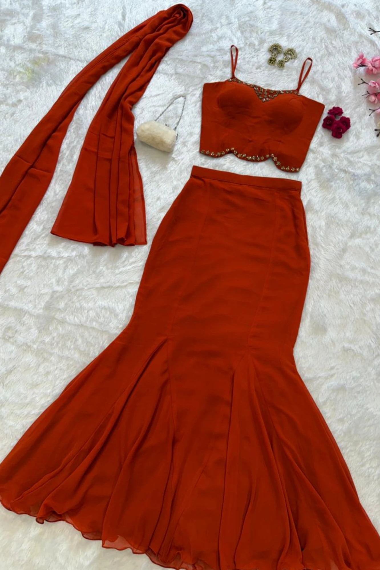 Rust Orange Fish cut Lehenga Set
