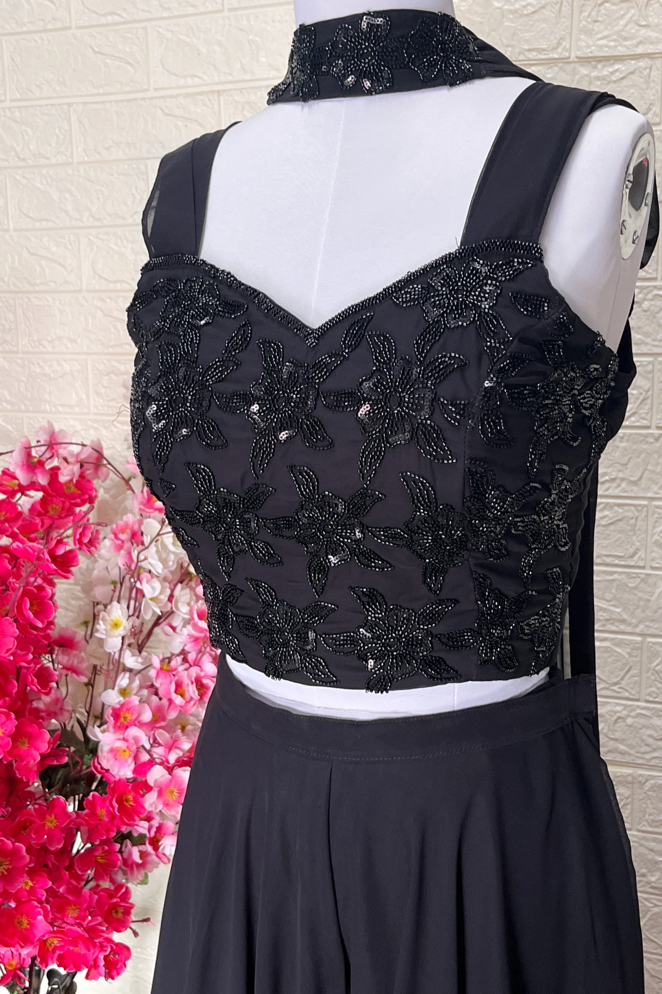 Black Handwork Blouse with Flaired Plazzo and Dupatta (S)