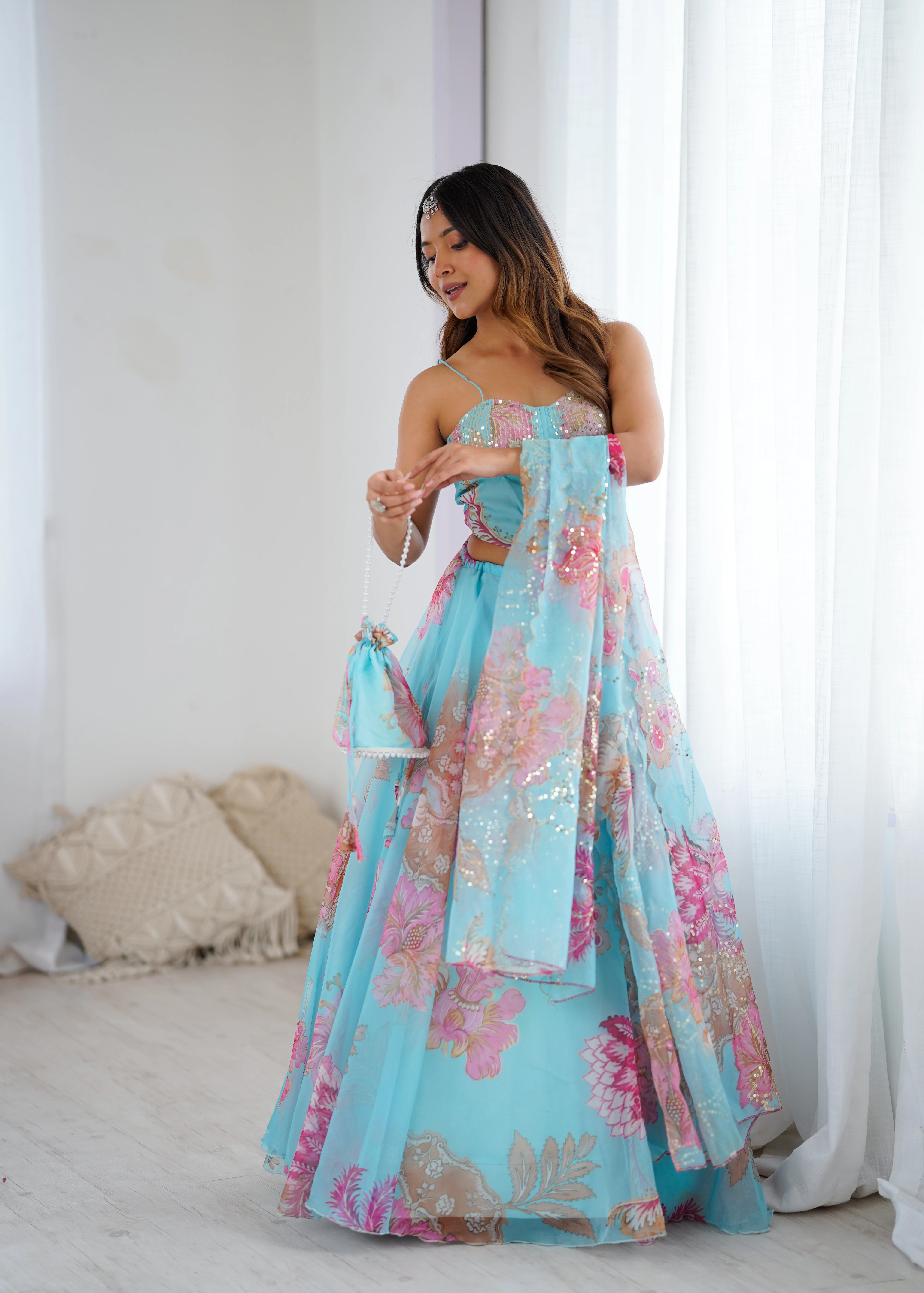 Blue Digital Print Organza Lehanga with corset Blouse (Free Size)