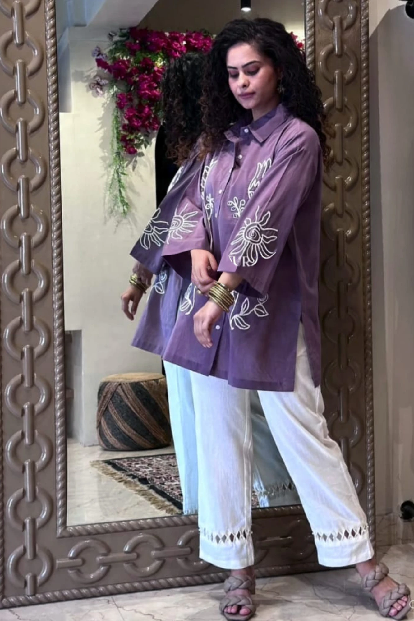 Floral Embroidered Purple Kurta Palazzo Set