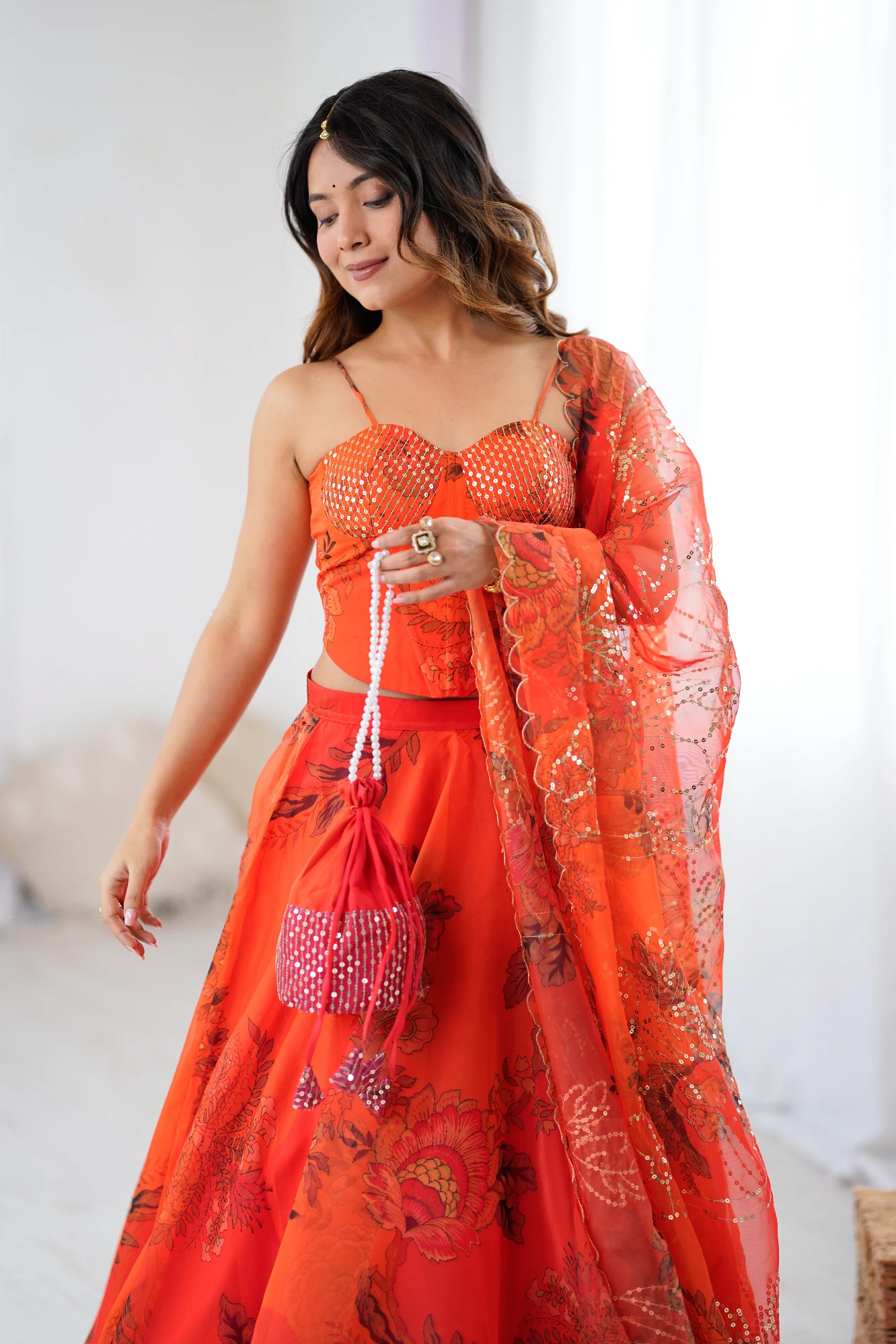 Orange Digital Print Organza Lehanga with corset Blouse (Free Size)