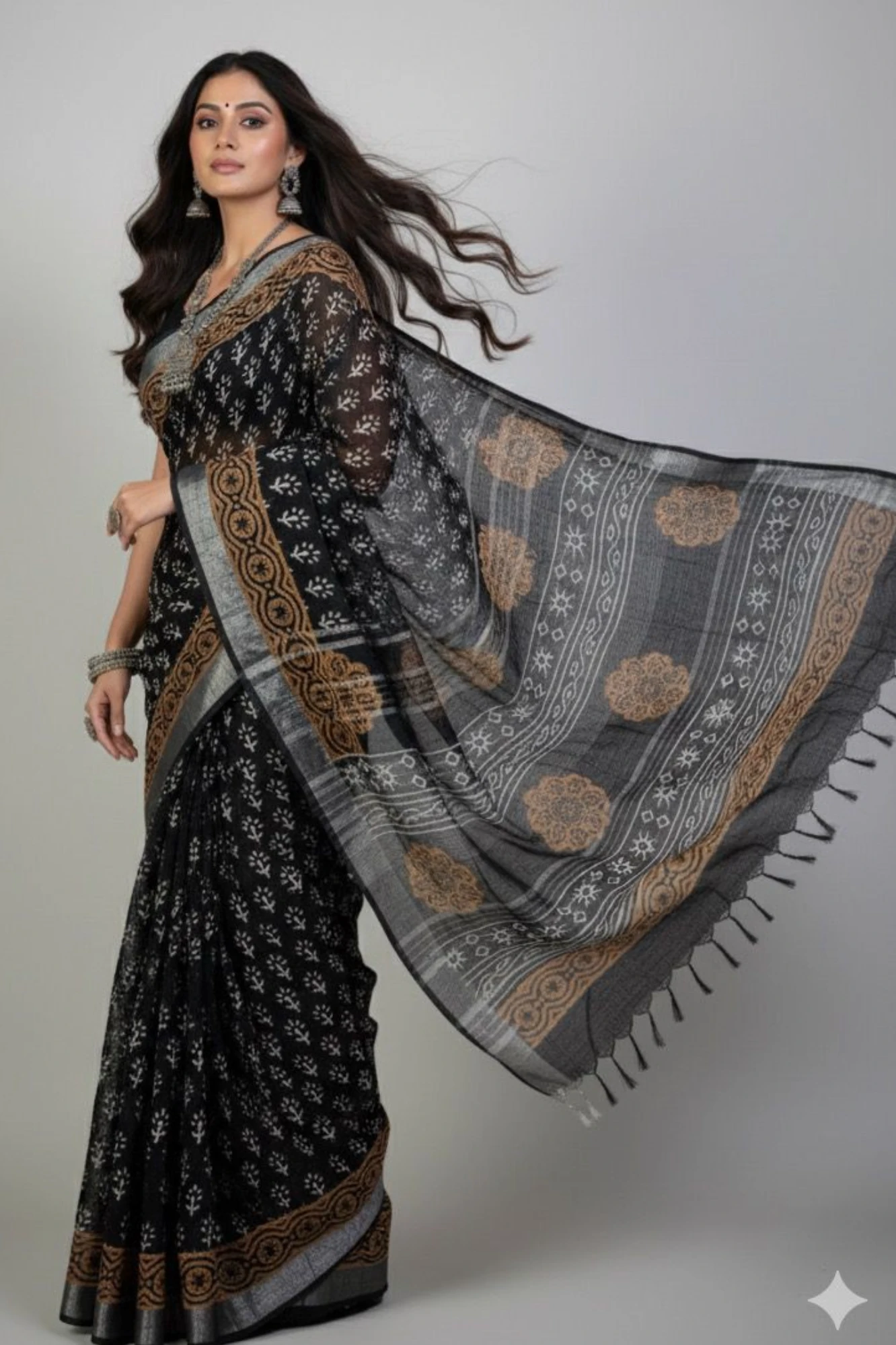 Exquisite Hand-Printed Linen saree with Opulent Zari Border