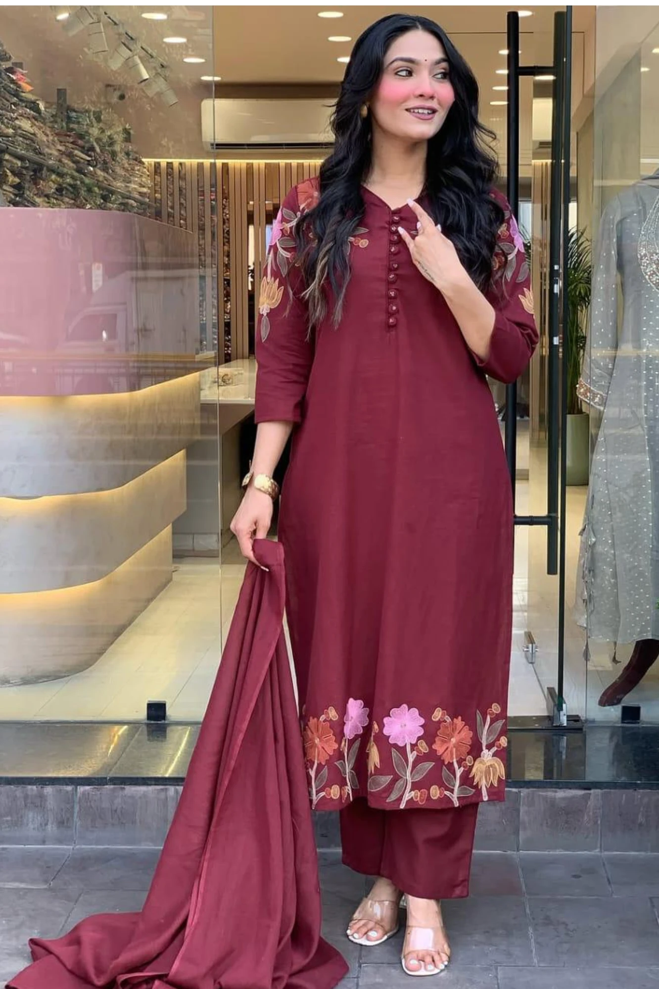 Maroon Floral Embroidered Kurta Salwar Dupatta Set
