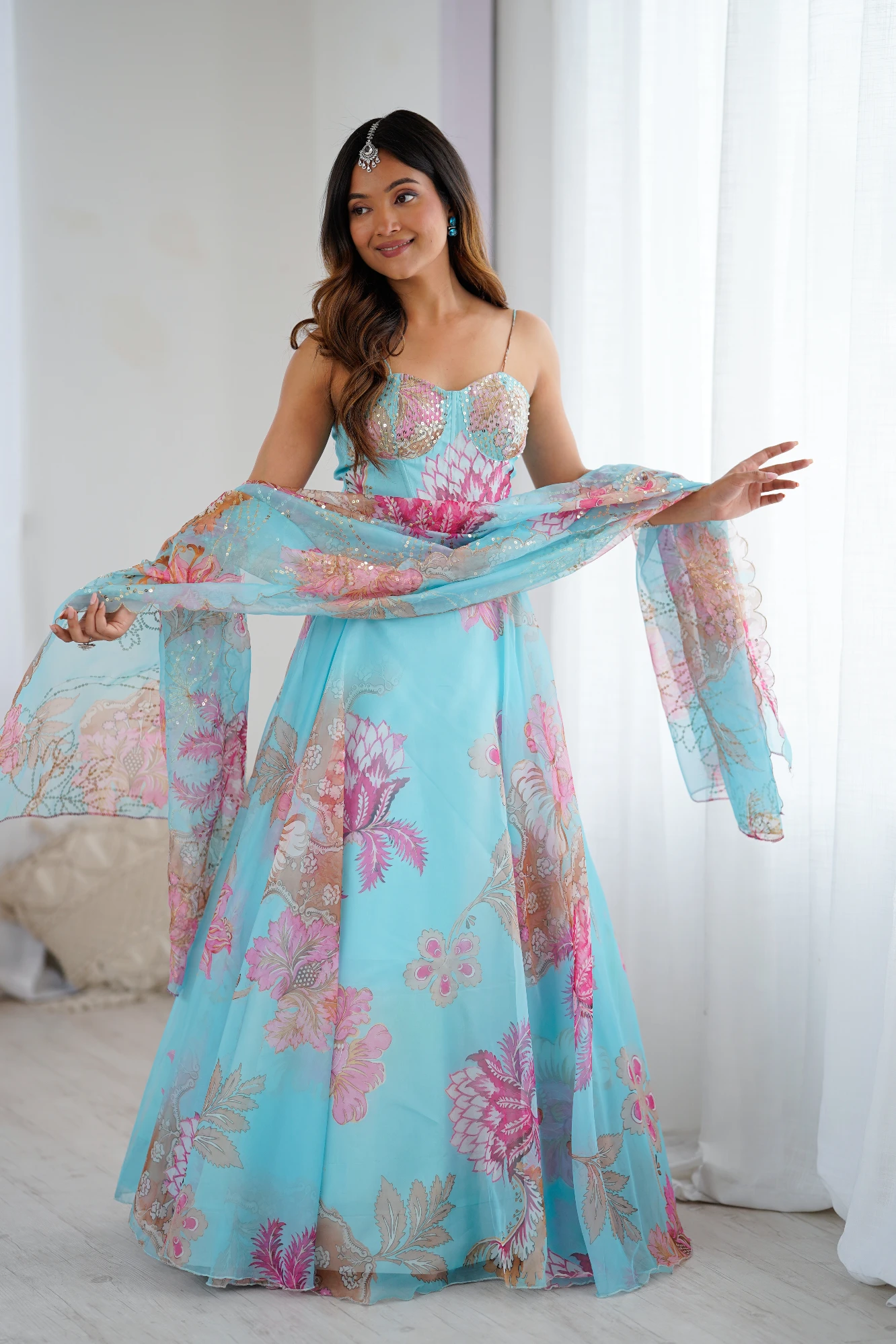 Blue Digital Print Organza Lehanga with corset Blouse (Free Size)