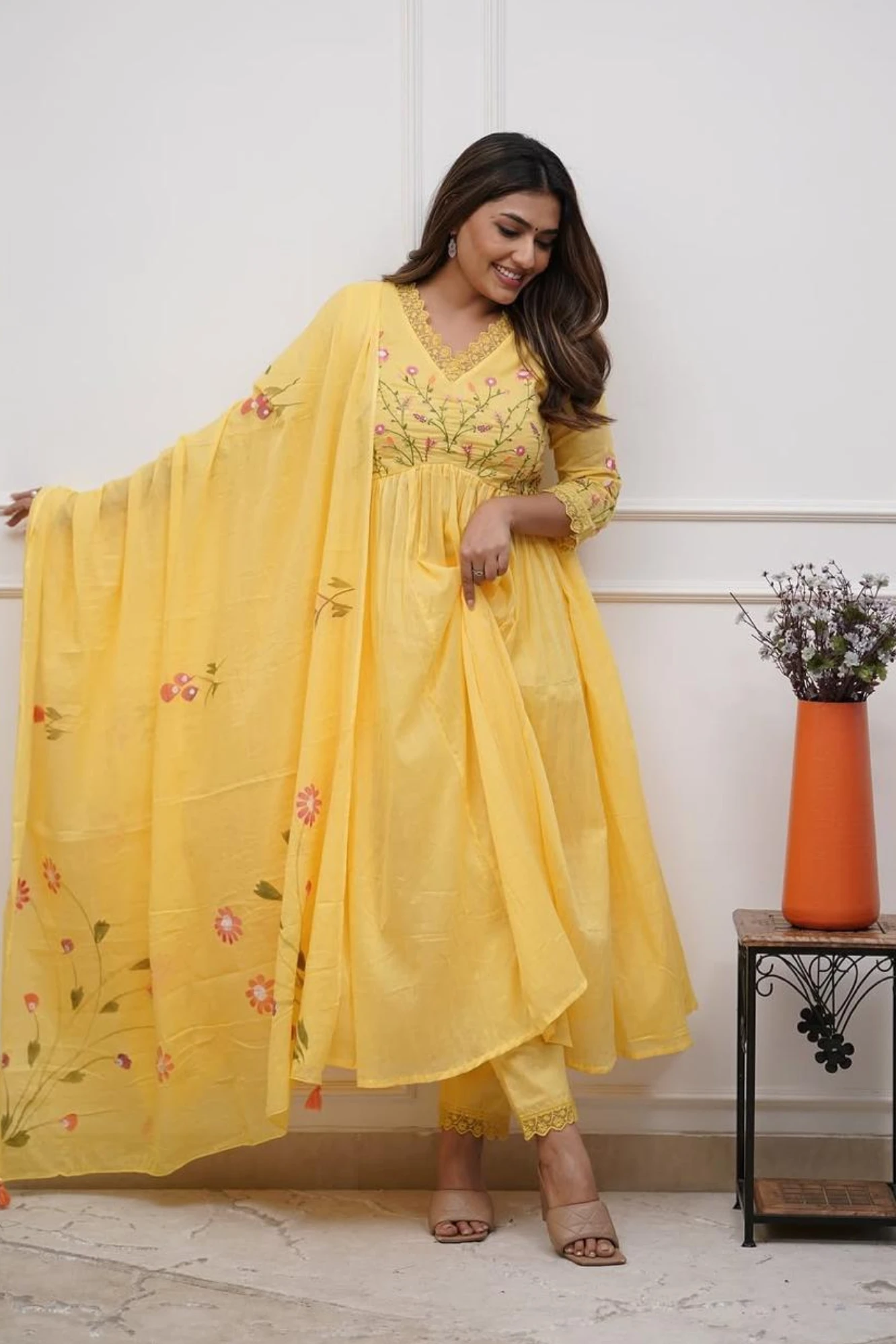 Yellow Floral Embroidered Kurta Set with Dupatta