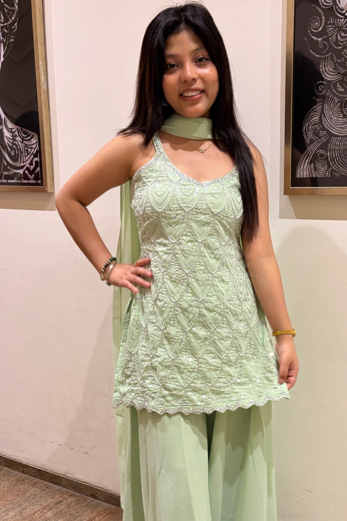 Elegant Partywear Mint Green Beaded Kurta Set