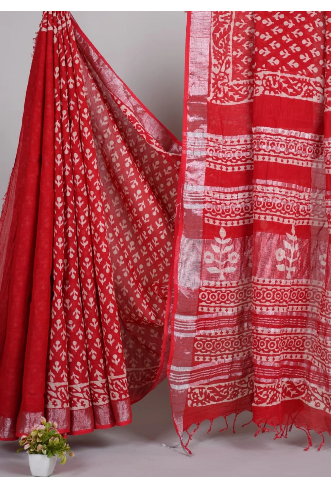 Crimson Hand Block Printed Linen Ready to wear Saree