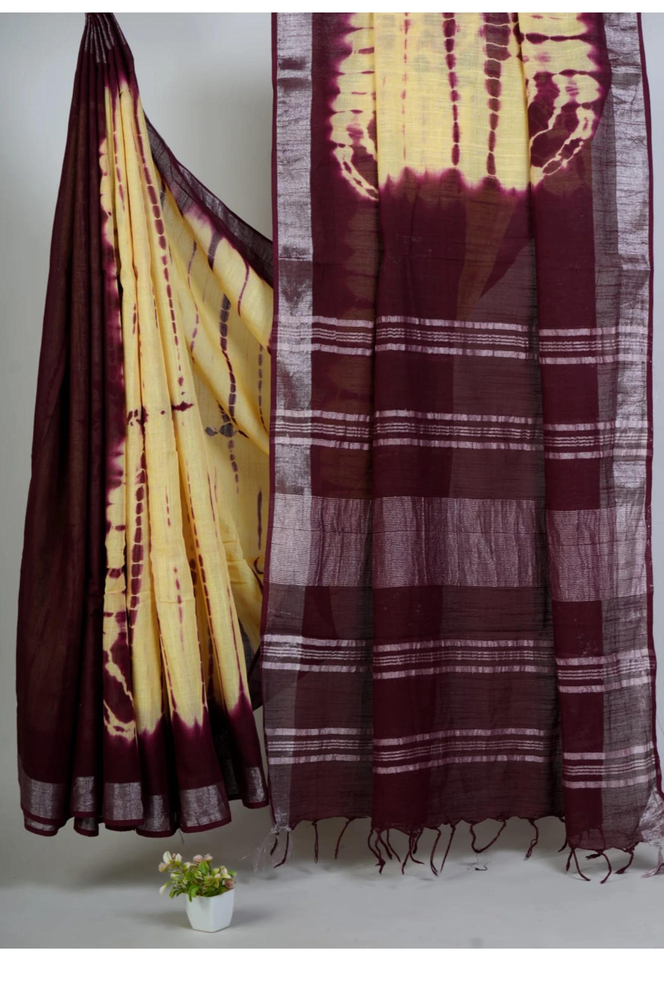 Maroon Yellow Shibori Hand Dyed Cotton Ready to wear Saree with Silver Border