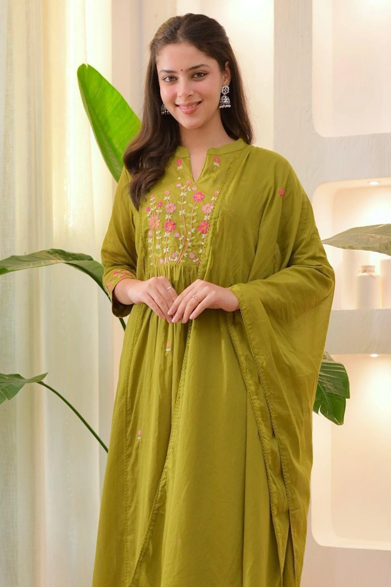 Olive Green Floral Embroidered Kurta Set with Dupatta