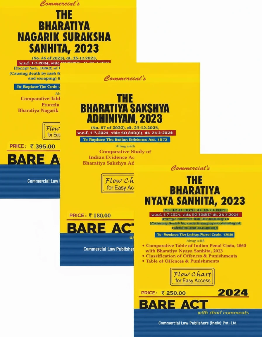 Combo Pack of New Criminal Laws Bare Acts: Bharatiya Nyaya Sanhita, 2023, Bharatiya Nagarik Suraksha Sanhita, 2023 & Bharatiya Suraksha Adhiniyam, 2023 | Commercial Law