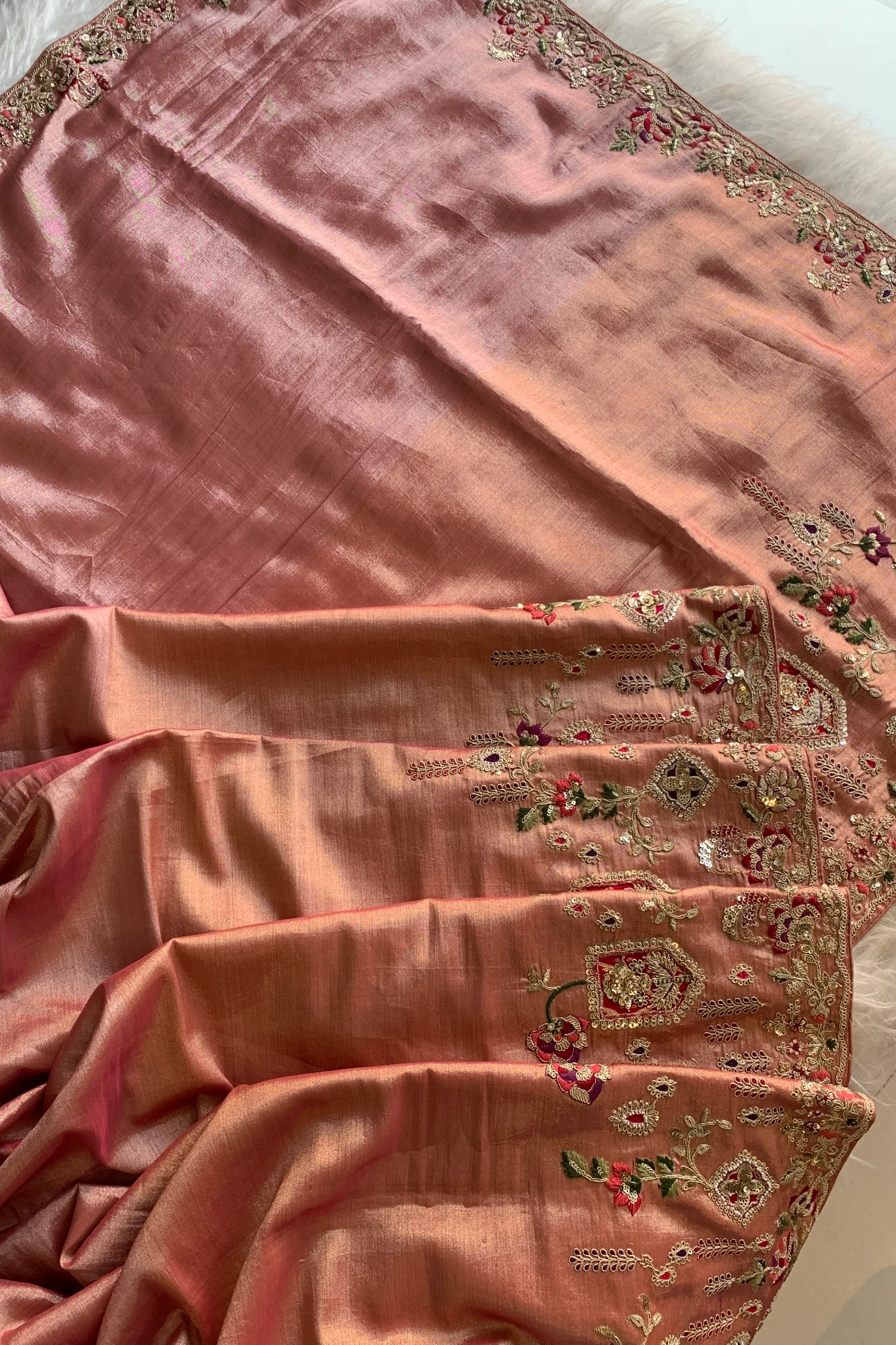 Peach Applique Embellished Tissue Saree 5729 01