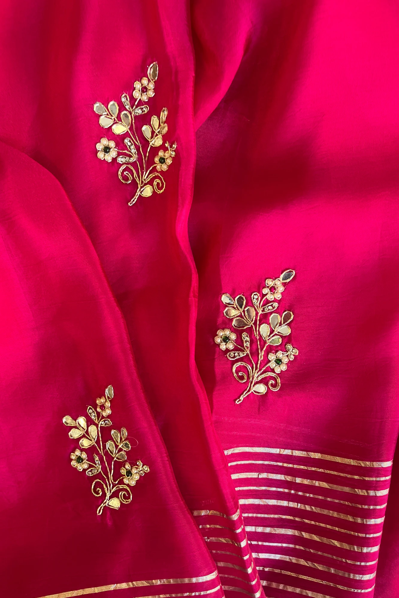 Habutai Silk Saree with Pearl Cutdana Buttis & Banarasi Border  | Matching Blouse 5440 01 (Pink)