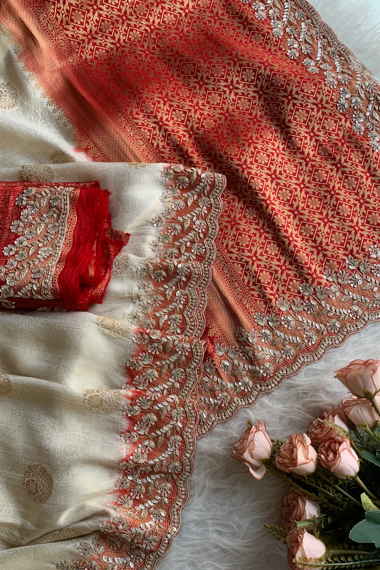 Ivory & Orange Banarasi Saree 5859 05