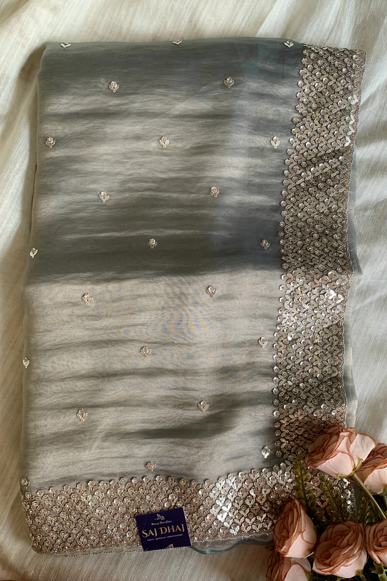 Dusty Aqua Embellished Butter Organza Saree 5847 01