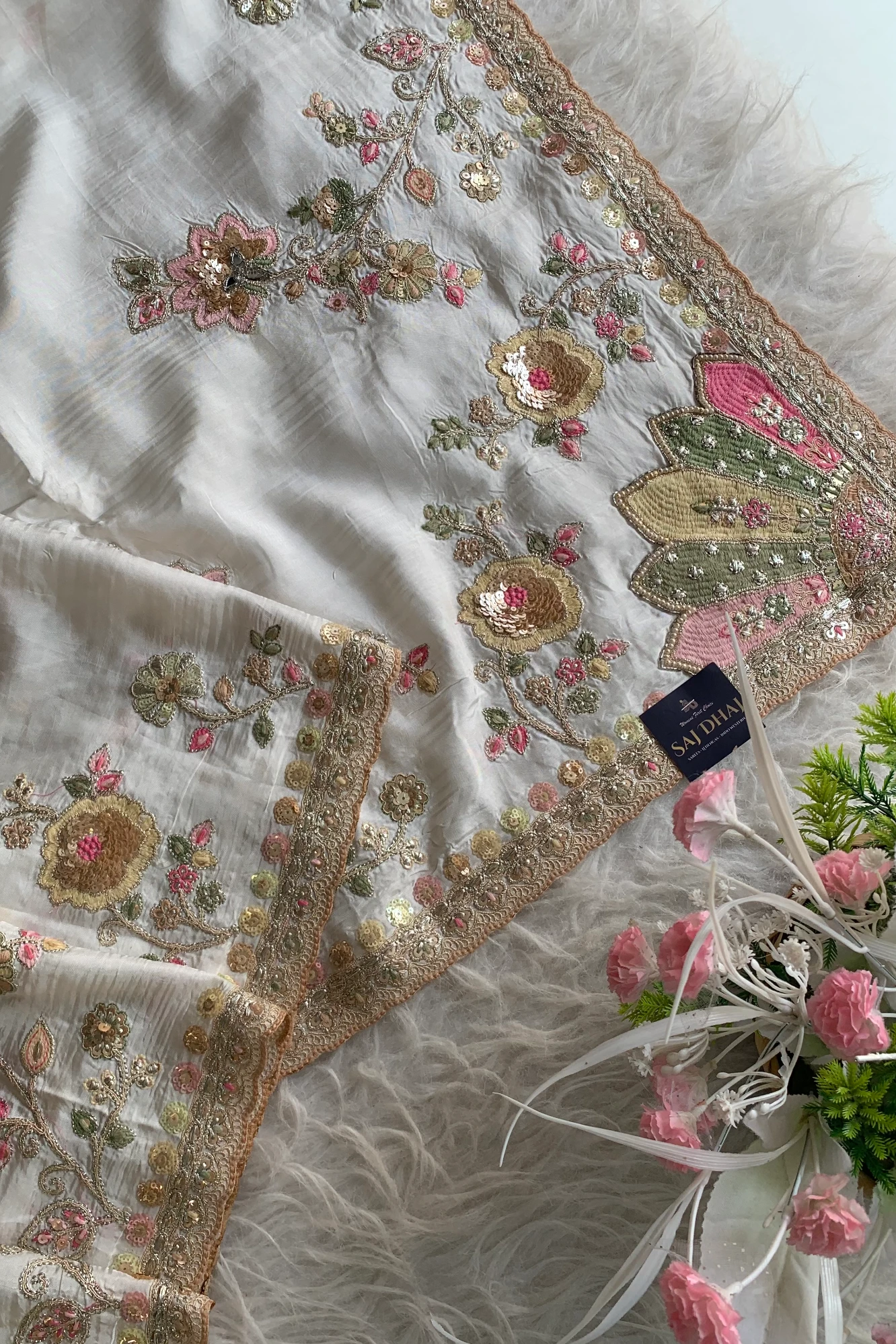 White Saree with Multicolour Embroidery 5786 01