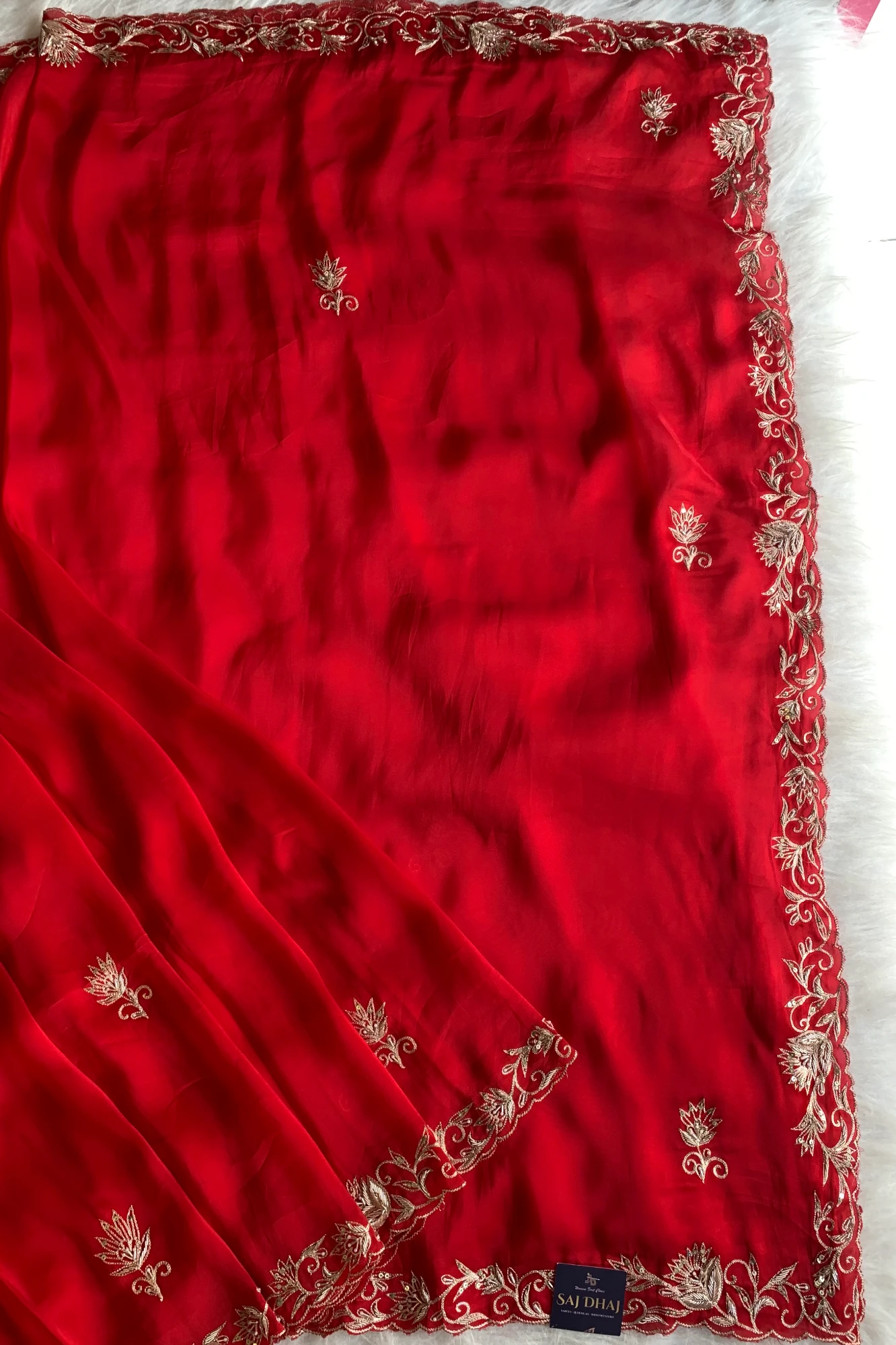 Red Embroidered Habutai Silk Saree 5792 01