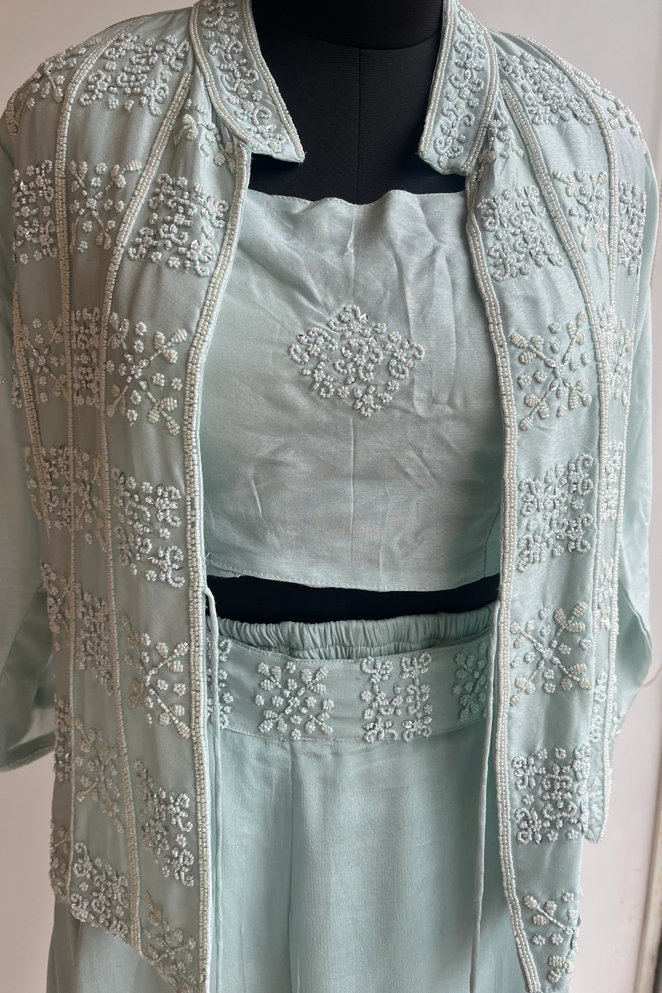 Cyan Russian Silk Blazer Set with Pearl & Bead Embellishments 5172 02 (42)
